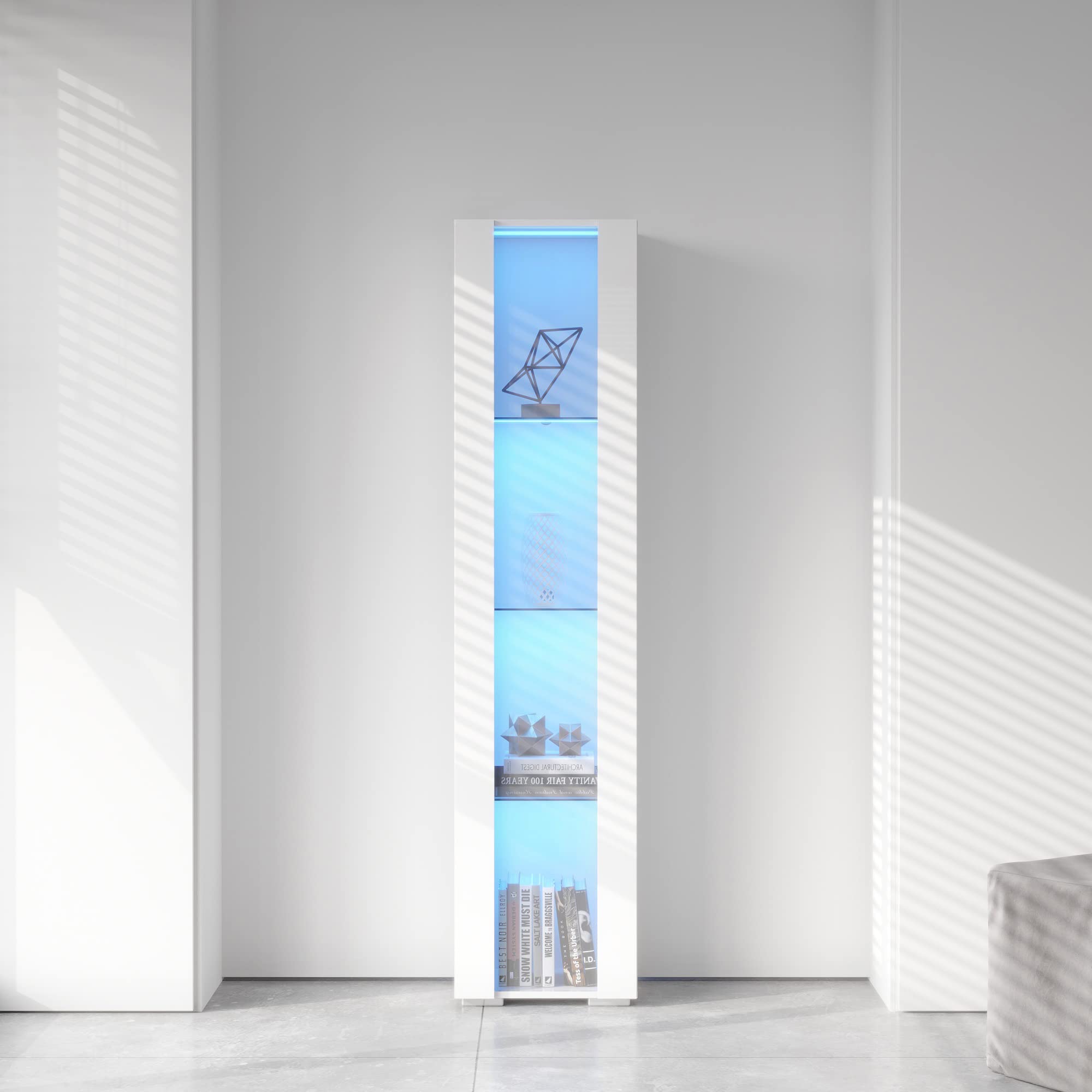 Bellemave White High Gloss LED Bookcase - Narrow Storage Cabinet with Adjustable Shelves & Cupboard Door - Freestanding Tall Cabinet for Living Room, Hallway, Office - Perfect for Home Organization & Display Decor