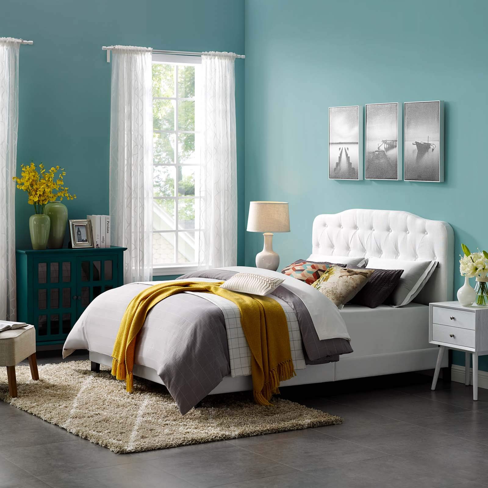 Modern Contemporary Urban Design White Fabric Platform Bed Frame for Stylish Minimalist Bedrooms