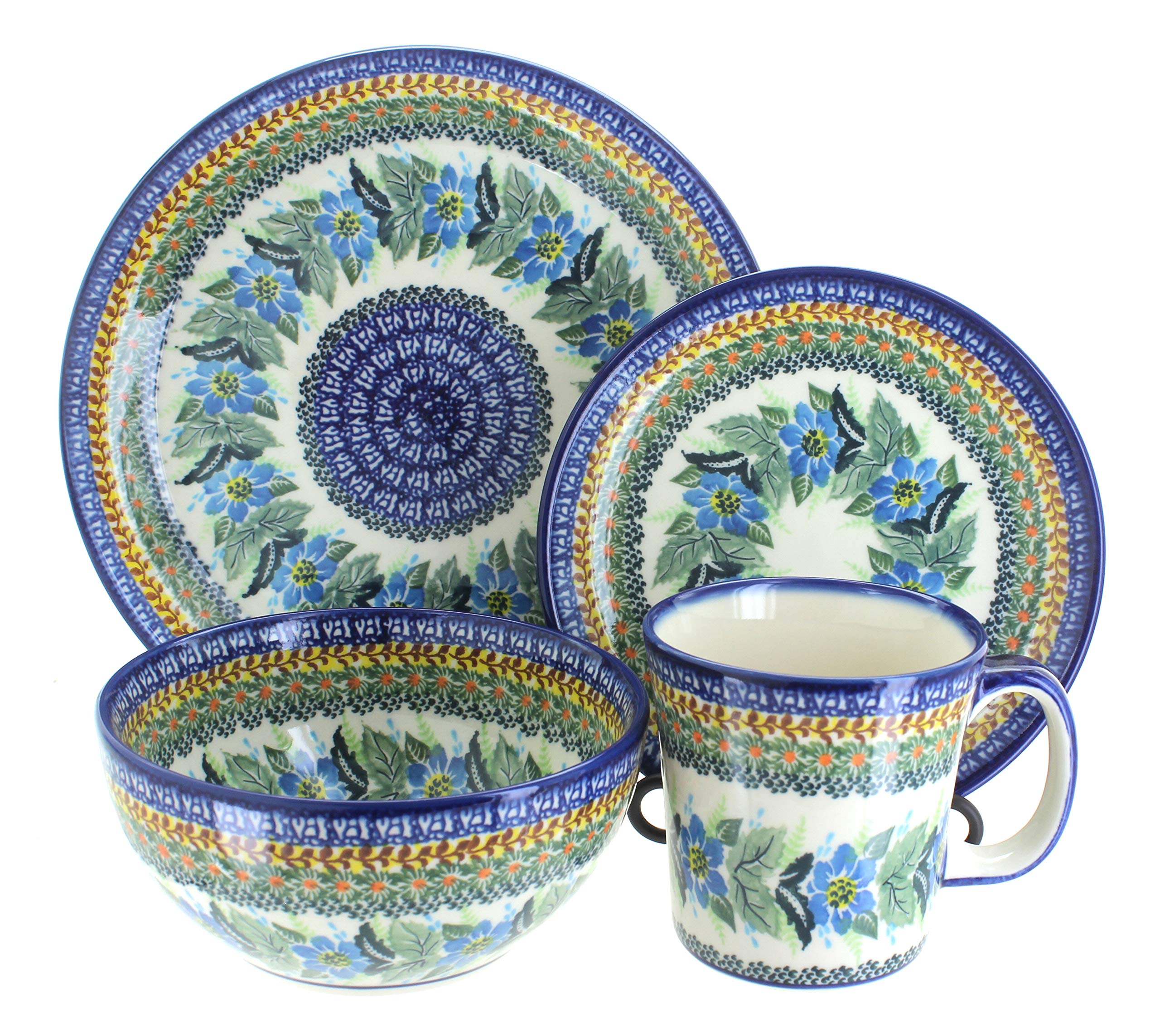 Blue Rose Polish Pottery Anabele 16-Piece Dinnerware Set - Elegant Floral Design for Formal Dining, Wedding Gifts & Special Occasions