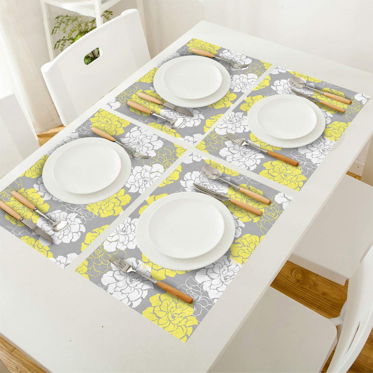 Peony Flower Floral Placemats Set of 4 - Yellow Cotton Linen Heat Resistant Table Mats, Non-Slip Washable Kitchen Dining Mats for Holiday Banquet & Home Decor - Perfect for Thanksgiving, Christmas, and Everyday Use