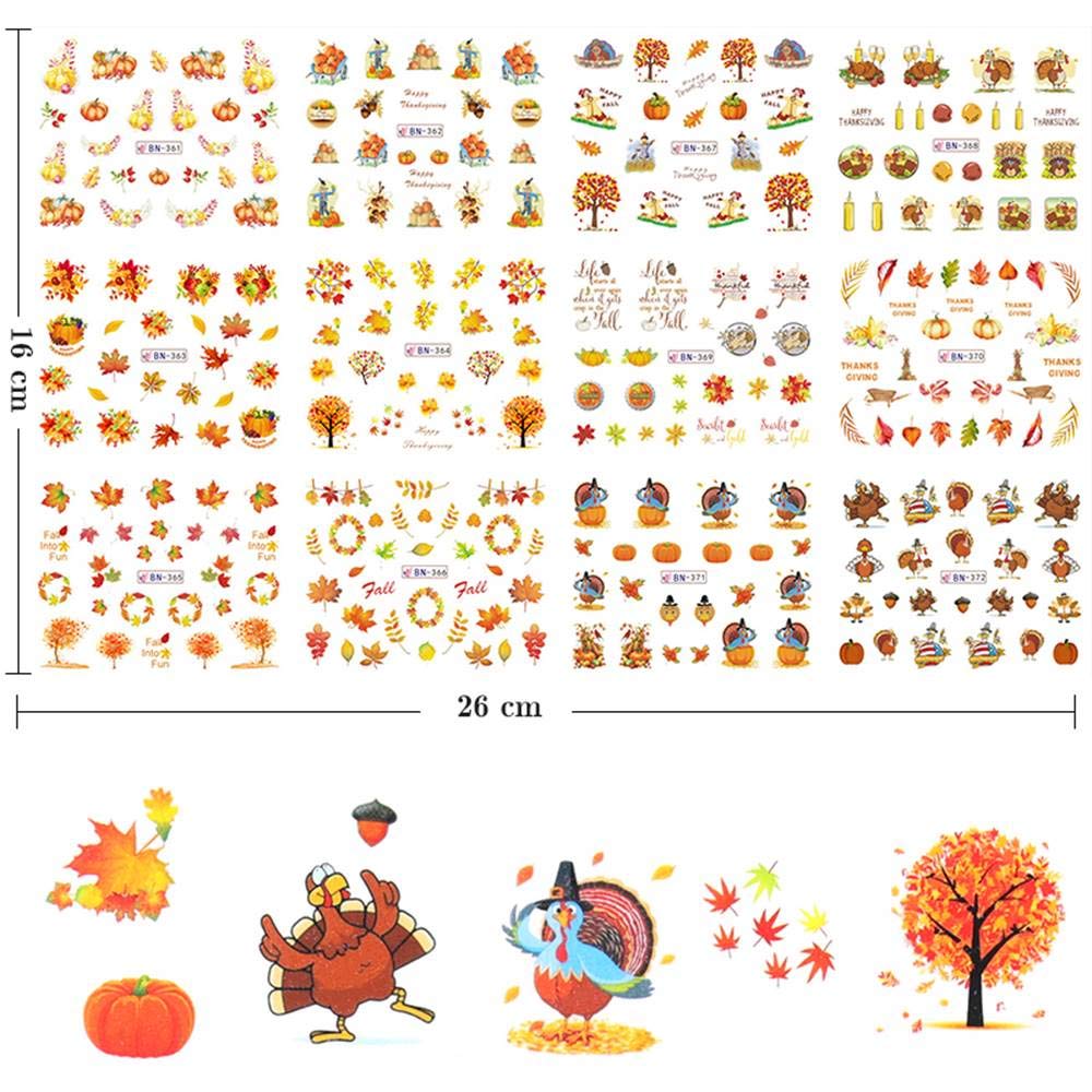 Halloween & Thanksgiving Nail Art Stickers - 12 Sheets Fall Nail Decals with Maple Leaf, Pumpkin & Turkey Designs | Water Transfer DIY Nail Stickers for Women, Girls & Kids | Perfect for Thanksgiving Decorations & Holiday Nail Art