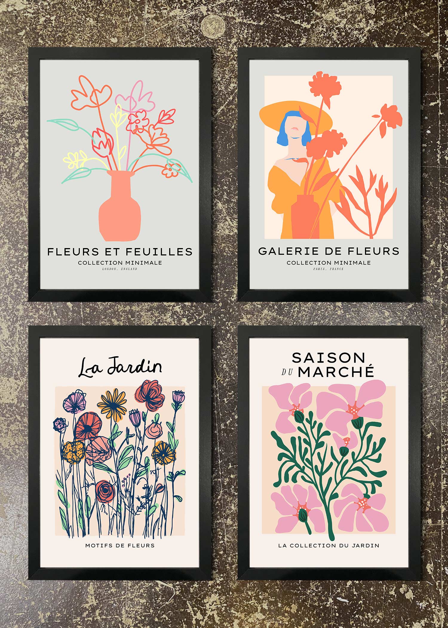 4 Bright Flower Illustration Prints & Frames - Wall Art Decor for Living Room, Bedroom & Office