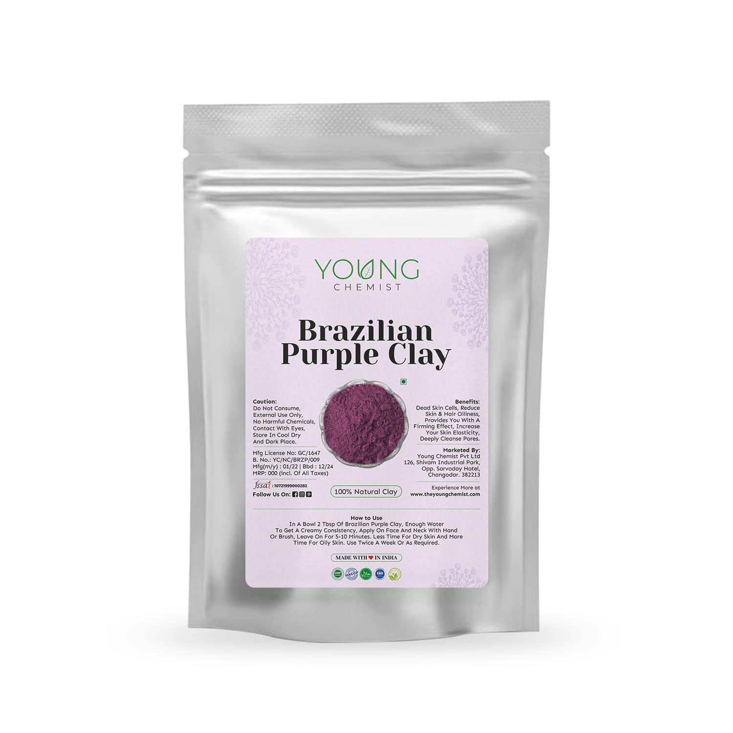 Organic Brazilian Purple Clay Powder for Skin - 100g, Antioxidant & Antibacterial, All Skin Types | Detoxifying Facial Mask, Body Scrub & Natural Skincare Treatment