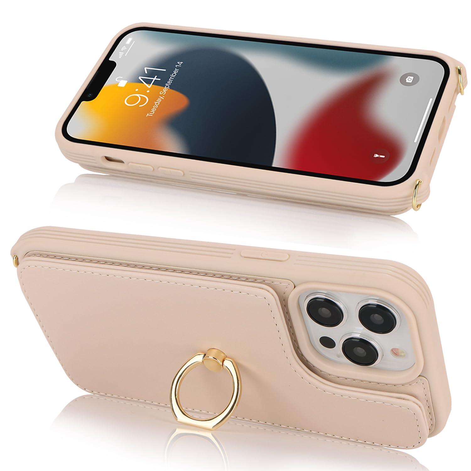 Premium Wallet Case for iPhone 13 Pro Max/iPhone 12 Pro Max (6.7 inch) - Slim Protective Phone Cover with Card Holder, Crossbody Strap, Ring Stand & Snap Clasp | Women's Fashion Accessory | Perfect for Travel, Shopping & Everyday Use (Beige)
