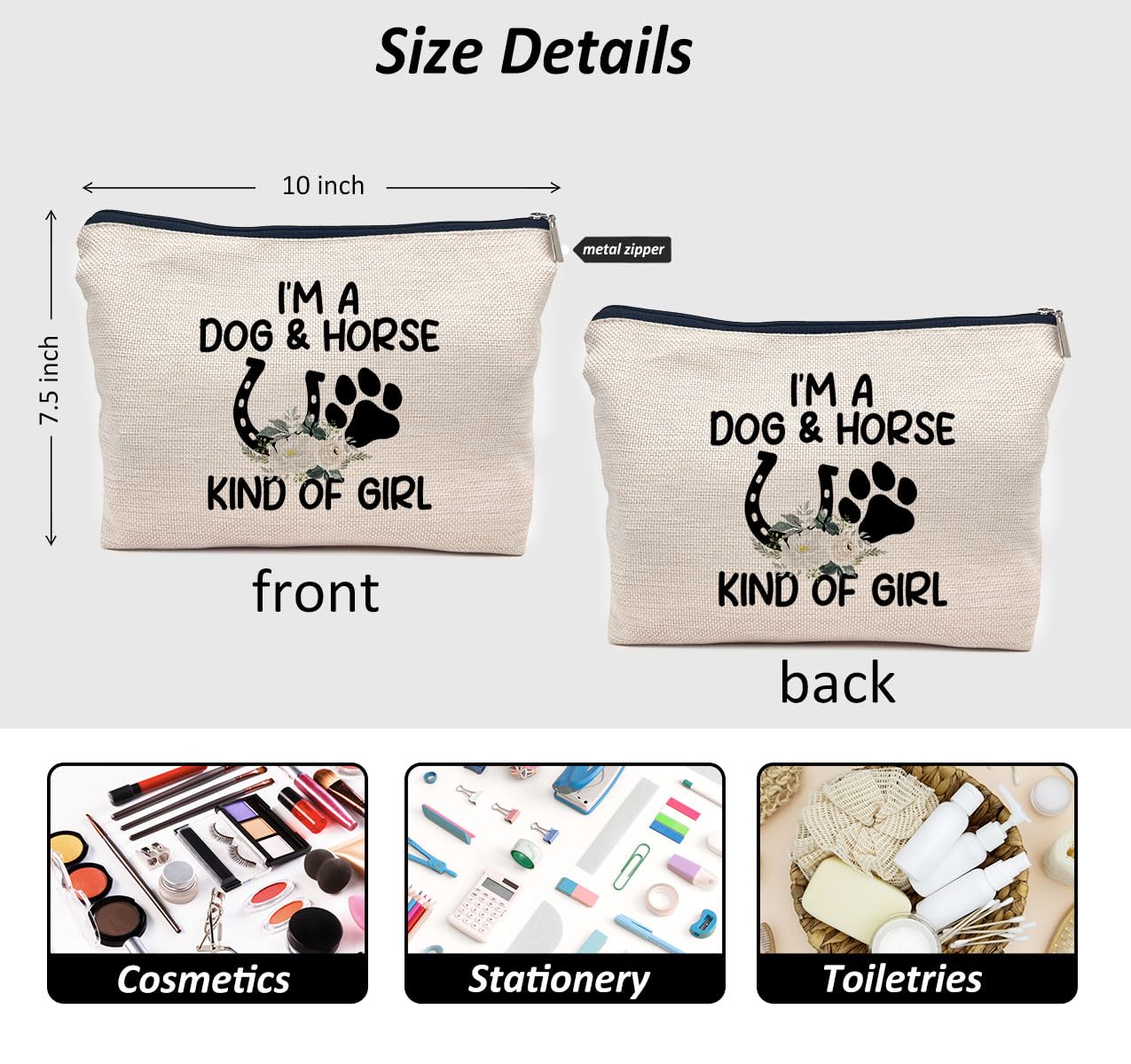 Premium Horse & Dog Themed Makeup Bag with Zipper - Perfect Gift for Dog Lovers & Horse Enthusiasts - Travel Toiletry Pouch for Women - 'I'm a Dog Horse Kind of Girl' Design - Ideal for Travel, Gym & Daily Use