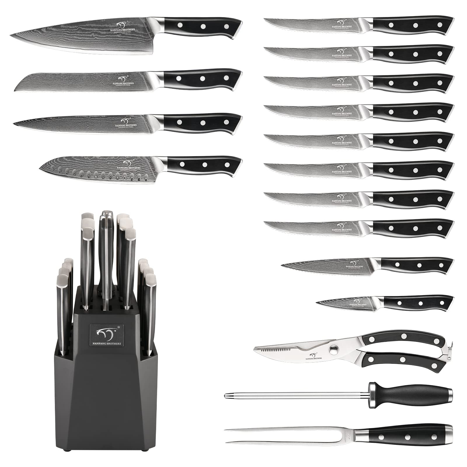 Premium 18-Piece Damascus Steel Knife Set with Block - Chef Knives, Carving Fork, Sharpener & Kitchen Shears - Ergonomic ABS Handles for Professional Cooking & Home Kitchen Use