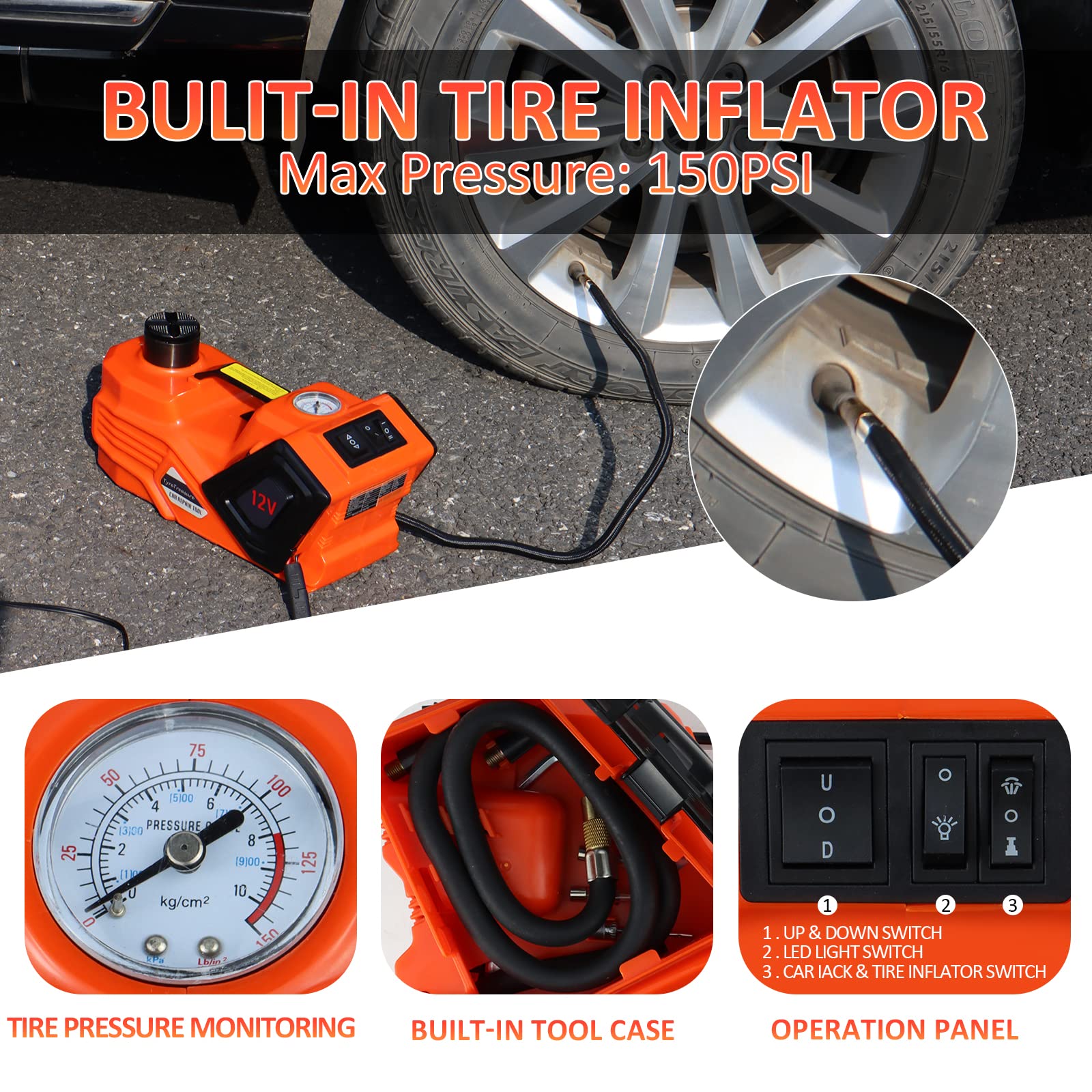 5 Ton Electric Hydraulic Car Jack Kit with Impact Wrench & Tire Inflator (6.1-17.7