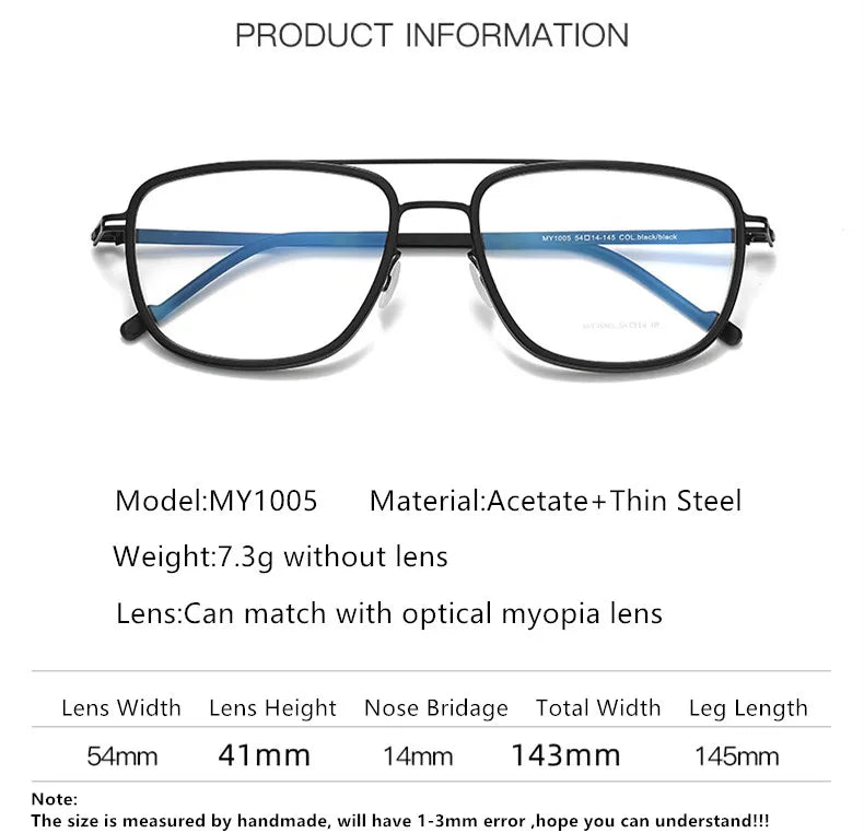 Aimee Unisex Full Rim Square Double Bridge Acetate Steel Eyeglasses 1315 - Stylish & Durable Frames for Men & Women - Perfect for Work, Reading & Fashion Accessories