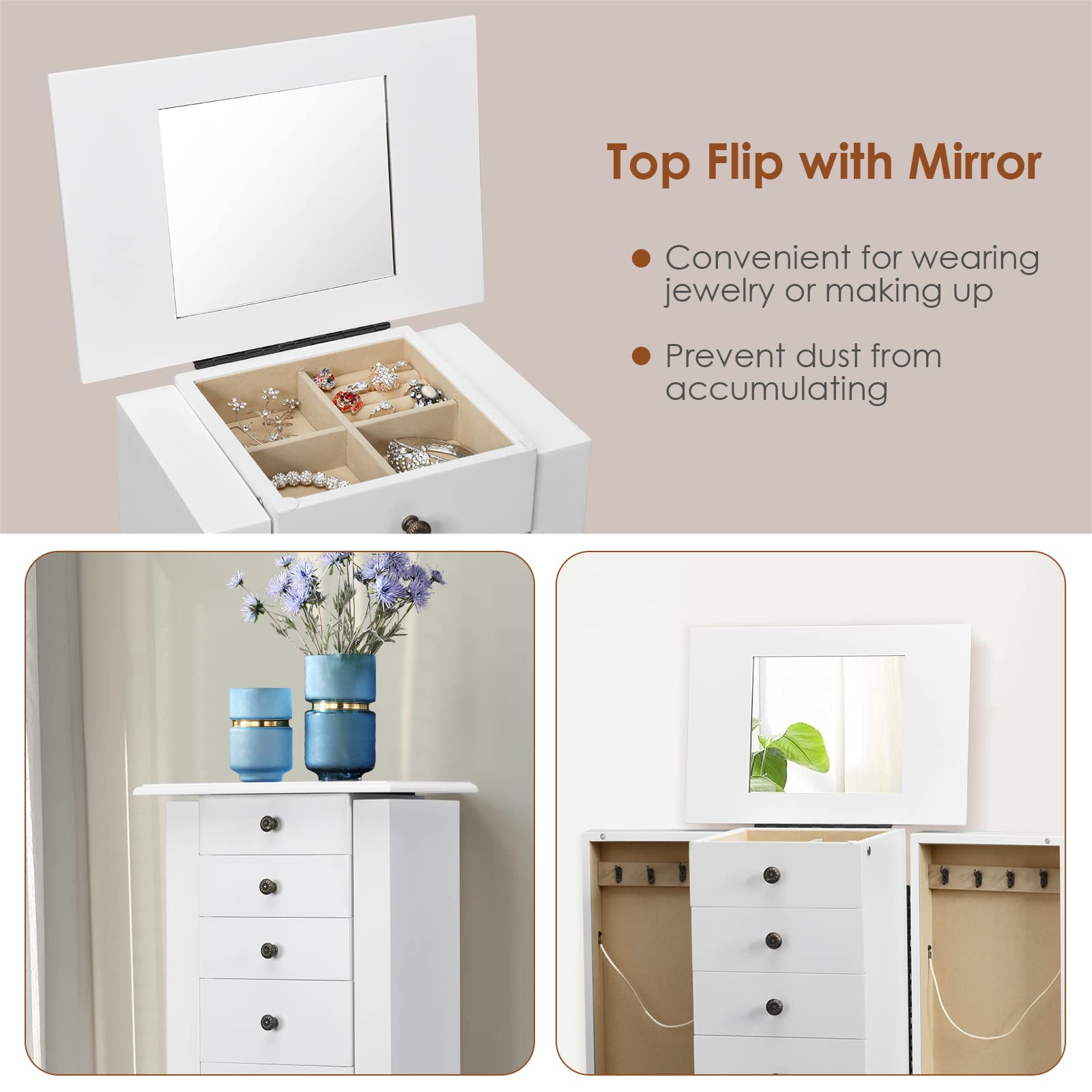 Byroce Jewelry Armoire Cabinet with Flip Top Mirror - 5 Drawers, 2 Doors & 8 Necklace Hooks - Standing Jewelry Storage Organizer for Women & Girls - Perfect for Bedroom, Closet or Dressing Room (White)