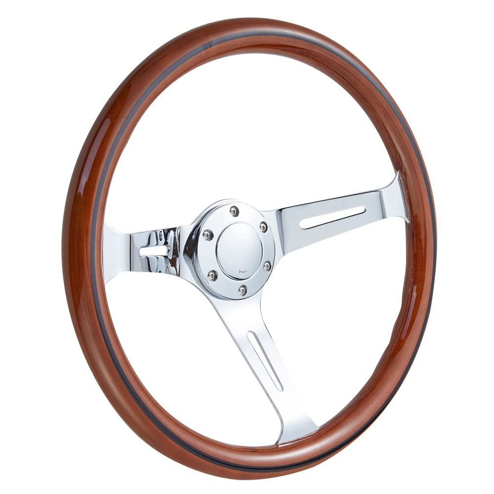 Universal 15 Inch (380mm) Wood Grain Vintage Steering Wheel - 2.4 Inch (60mm) Deep Dish Stainless Steel Spoke with Horn Button #8258 - Perfect for Classic Car Restoration & Racing Simulator Setup