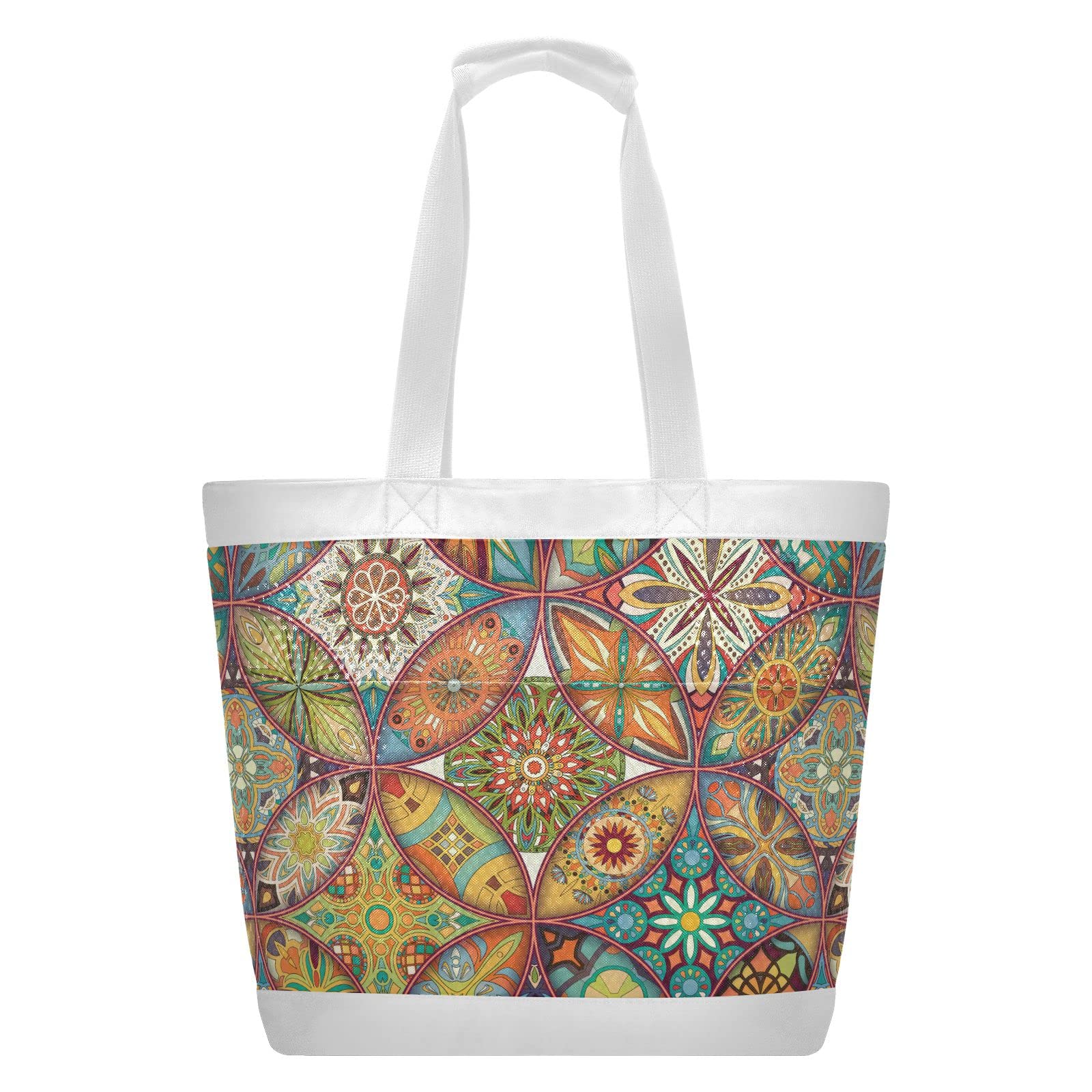 J JOYSAY Large Ethnic Floral Mandala Mesh Beach Tote Bag for Women - Stylish Travel, Overnight & Gym Bag - Perfect for Beach Vacations, Pool Parties & Summer Outings