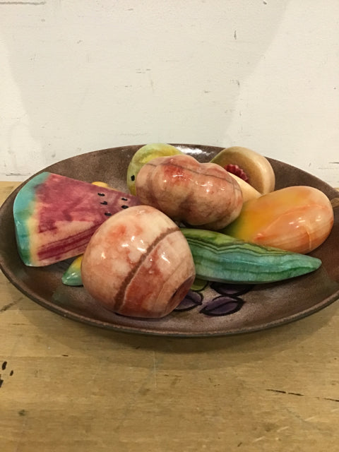 Enamel Metal Bowl with 8 Marble Fruits - Elegant Serving Bowl for Fruit Display, Desserts, and Table Centerpiece Decor