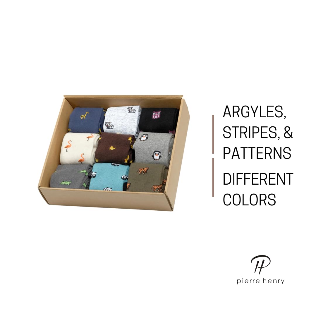 Pierre Henry Men's Over the Calf Dress Socks - 9 Pack Colorful Funky Cotton Socks for Business & Casual Wear - Perfect for Office, Parties & Gifts