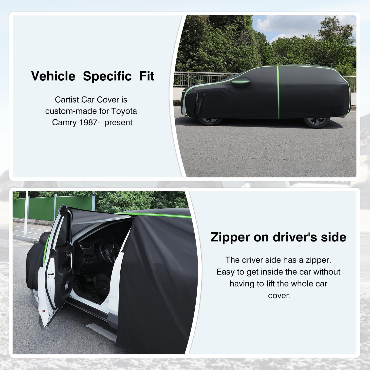 Premium Waterproof All-Weather Car Cover for Toyota Camry 1987-2025 - UV Protection, Zipper Access & Reflective Strips - Outdoor Vehicle Protection for Snow, Rain, Sun & Dust