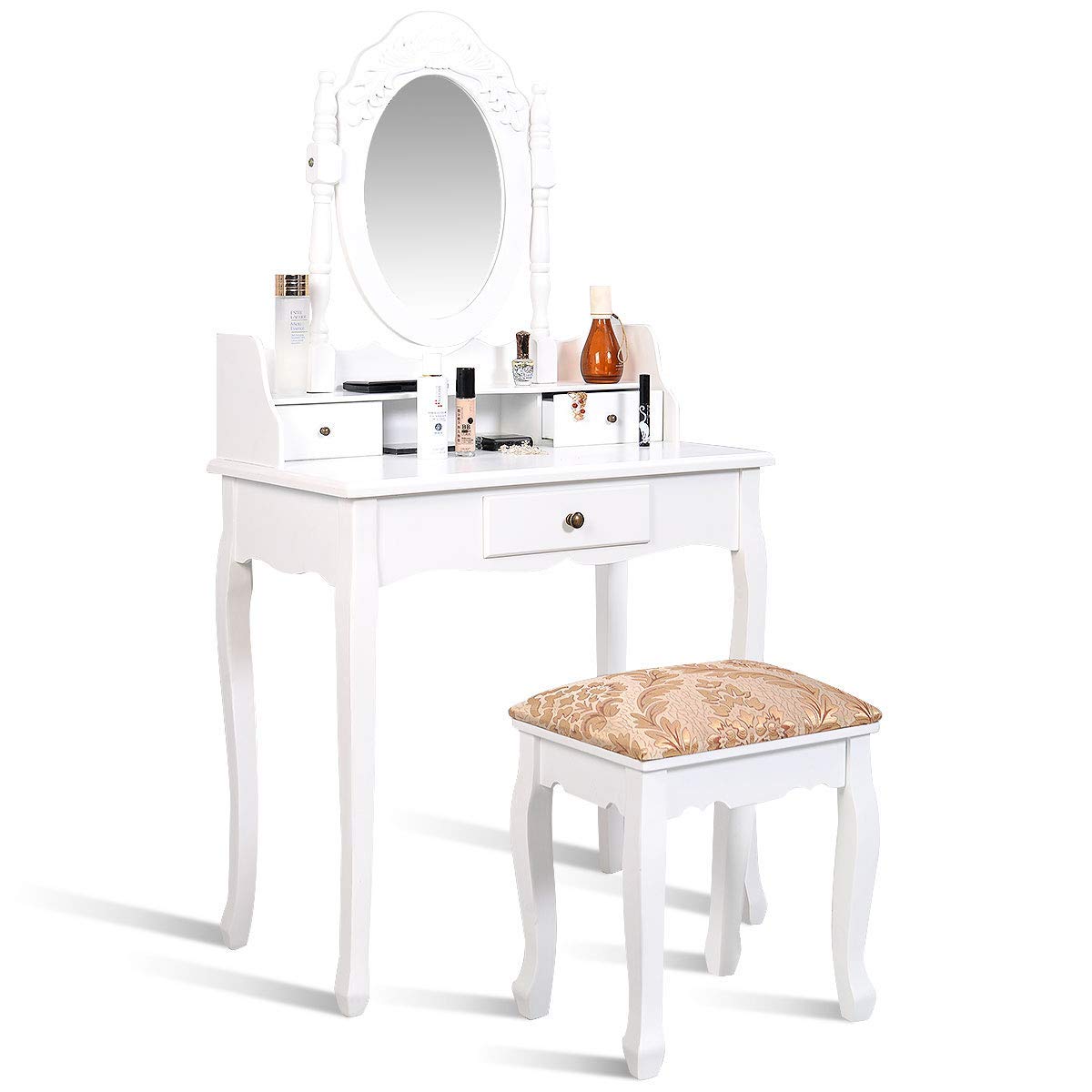 Vanity Table Set with Oval Mirror & 3 Drawers - White Wooden Makeup Dressing Desk with Removable Top | Perfect for Bedroom, Dorm Room & Beauty Salon Organization