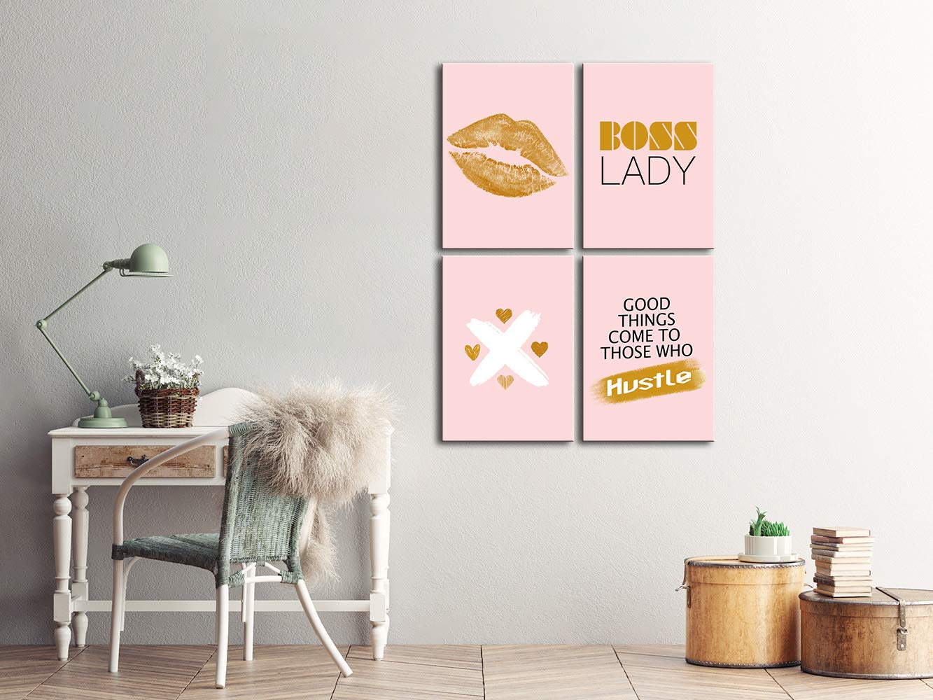 AMEMNY 4-Panel Fashion Canvas Wall Art - Boss Lady Style Female Office Decor, Framed Ready-to-Hang Aesthetic Prints for Home & Workplace Inspiration | Perfect for Living Room, Bedroom or Office Wall Decor