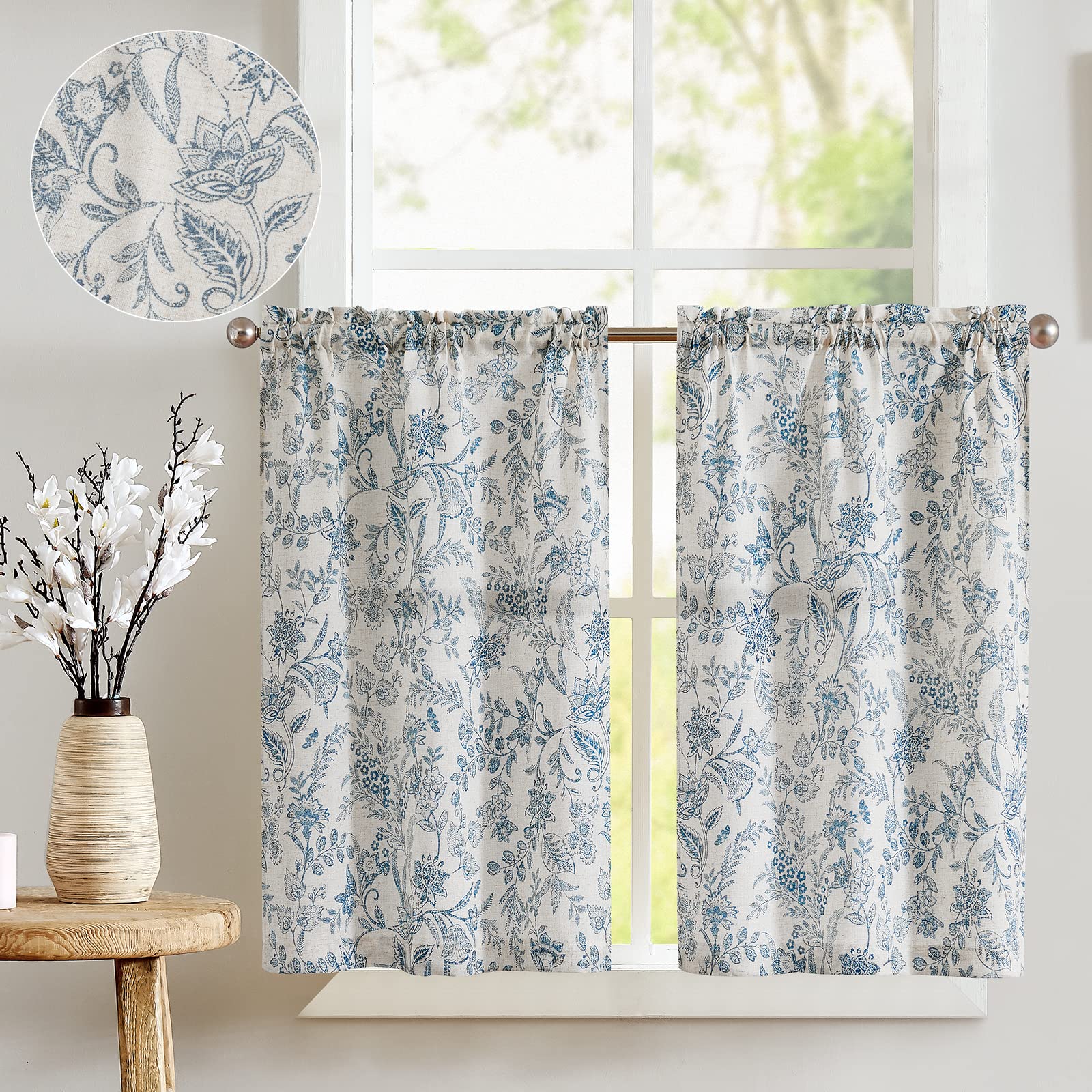 Jinchan Floral Kitchen Curtains 24 Inch - Linen Tier Farmhouse Cafe Curtains for Small Windows | Rustic Botanic Rod Pocket Design in Blue on Beige | Perfect for Country Kitchen, Laundry Room, Bathroom & RV Decor (Set of 2 Panels)