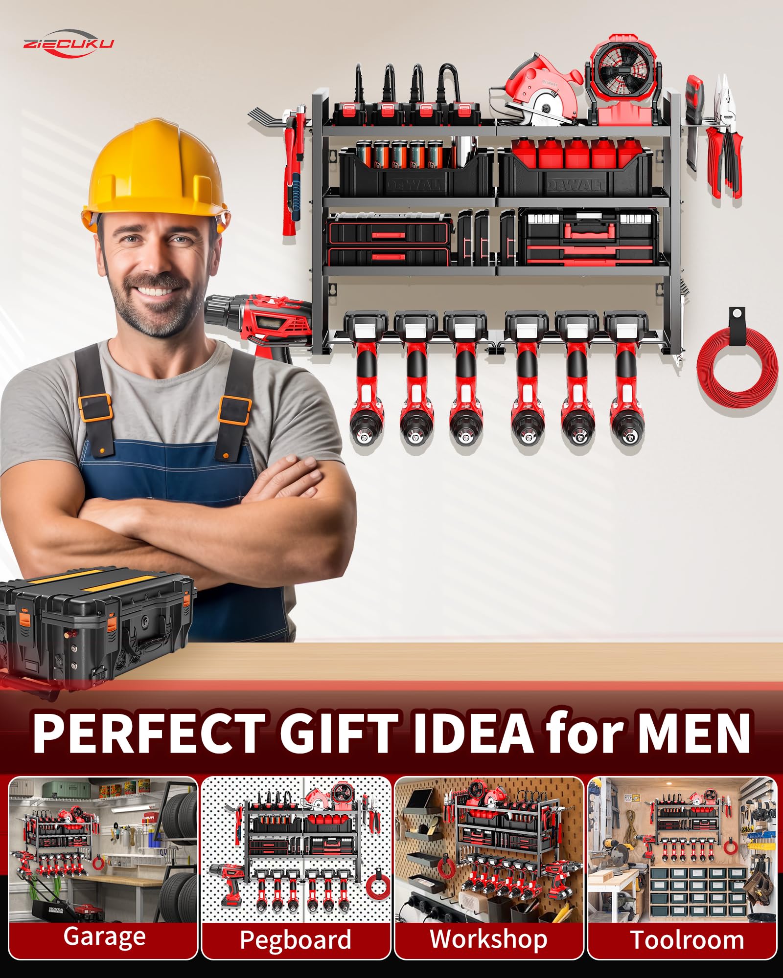 Wall Mount Power Tool Organizer with Charging Station - 8 Drill Holder & 4 Outlet Power Strip - 4 Layer Garage Tool Shelf Rack - Battery Organizer for DIY & Workshop Storage - Perfect for Garage, Workshop & Home Improvement Projects