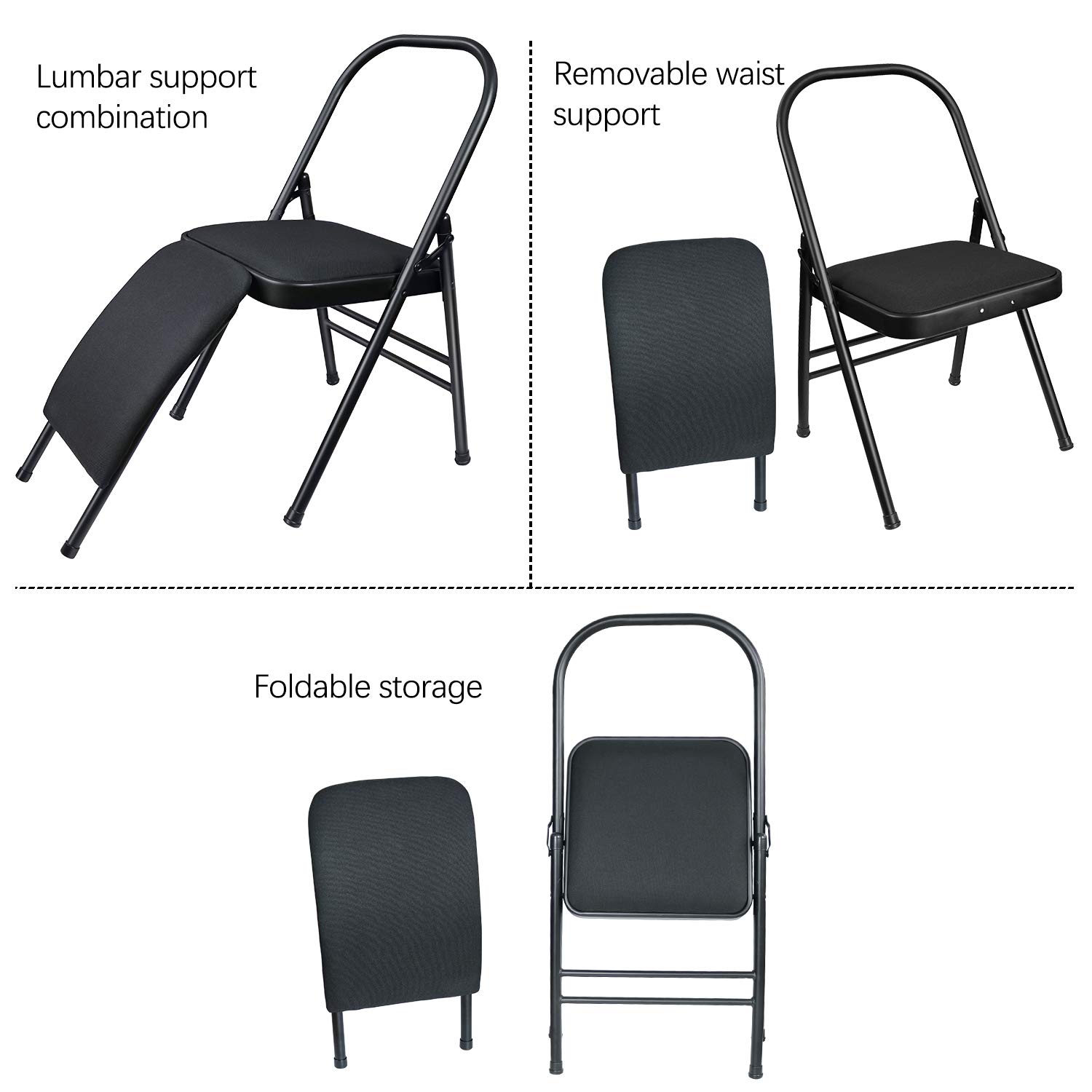 INNOLIFE Foldable Yoga Chair with Lumbar Support - Balance Training Stool with Purple Resistance Band for Home & Studio Yoga Practice