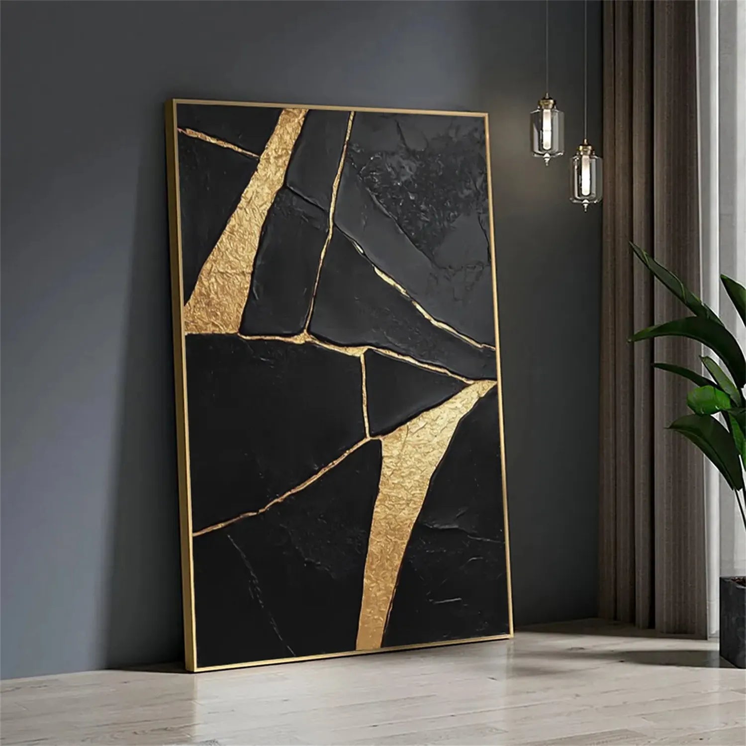 Black Gold Minimalist Textured Painting Canvas Wall Art - Modern Abstract Home Decor for Living Room, Bedroom & Office | Premium Quality #MZ123