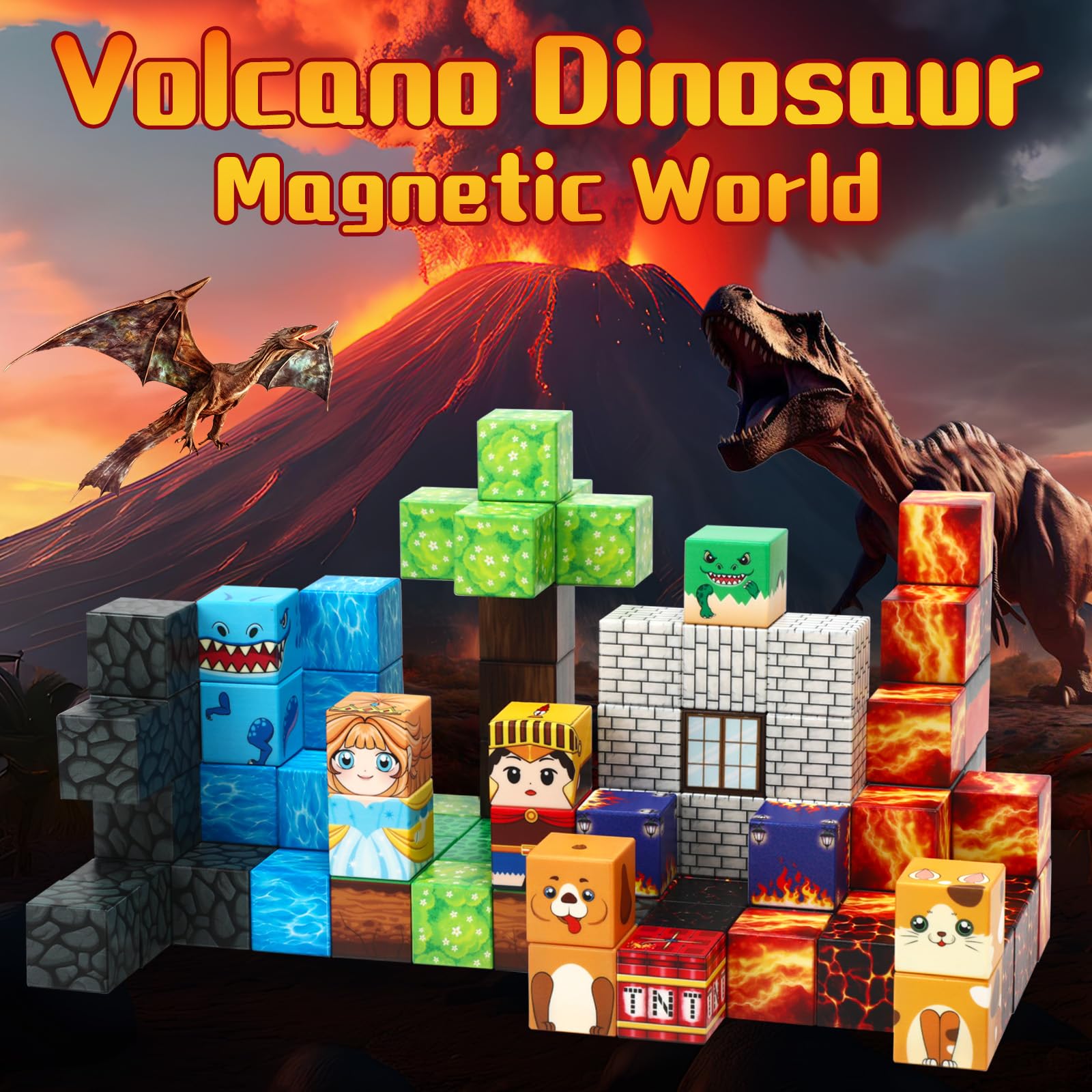 Dinosaur Magnetic Building Blocks - STEM Educational Toys for Kids Ages 3-8 | Montessori Sensory Learning Toys with Volcano Playset | Perfect Gift for Boys & Girls | Creative Play for Home & Classroom Activities