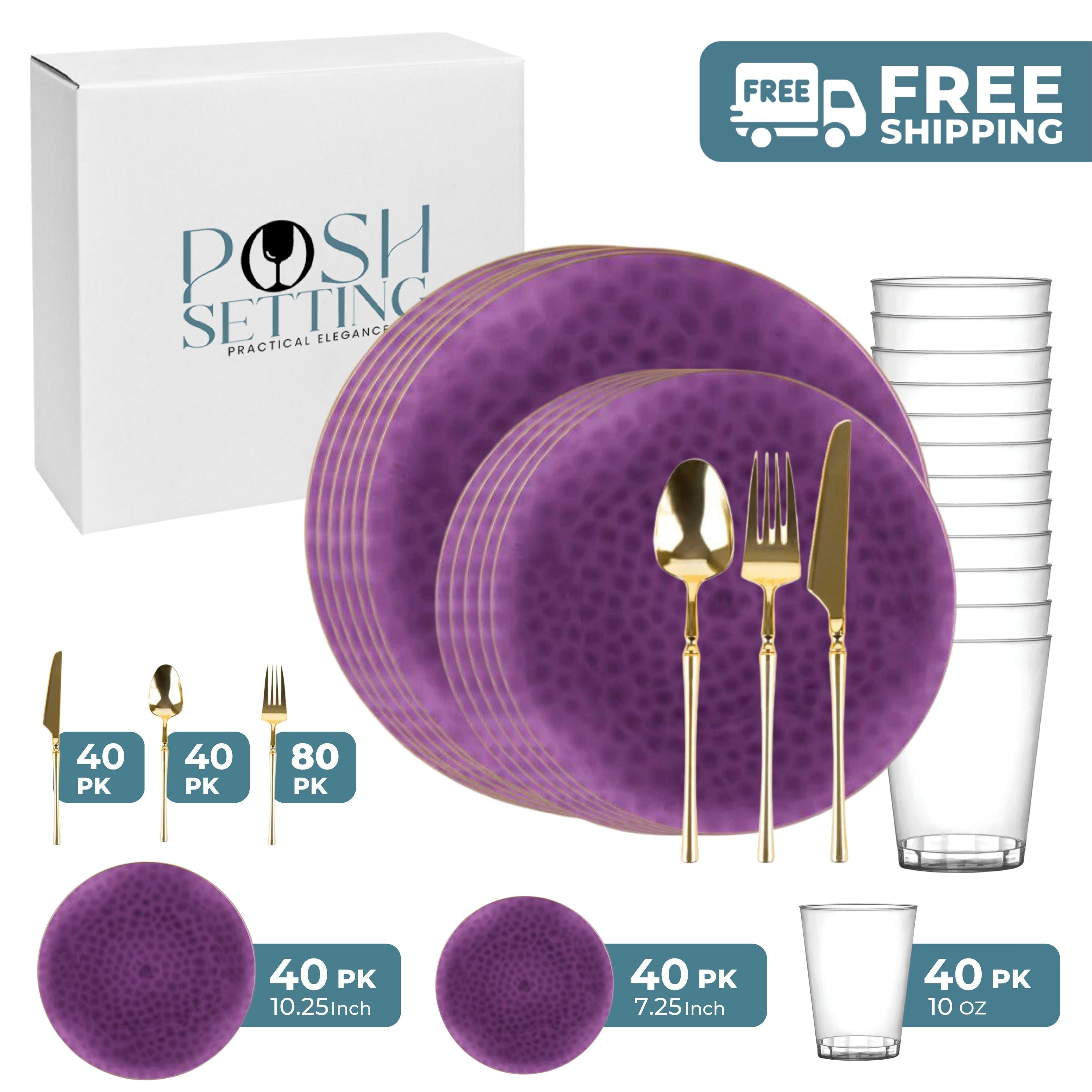 Purple and Gold Plastic Party Bundle - Organic Hammered Disposable Tableware Set for Birthday, Wedding & Holiday Celebrations