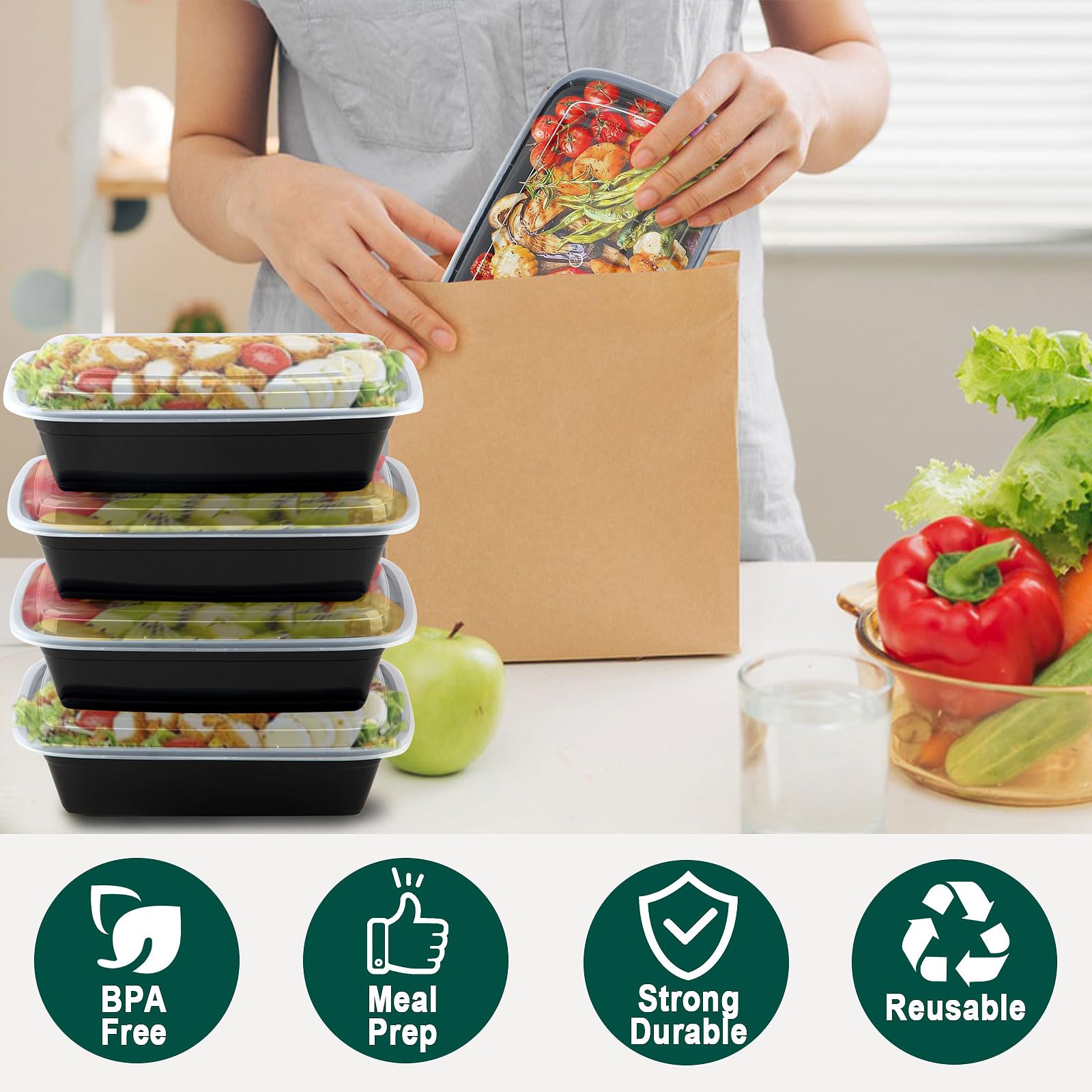 50-Pack (100-Piece) BPA-Free Meal Prep Containers 38 OZ - Stackable Plastic Food Storage Containers with Lids - Microwave, Freezer & Dishwasher Safe - Perfect for Meal Prepping, Leftovers, Office Lunches & Picnics