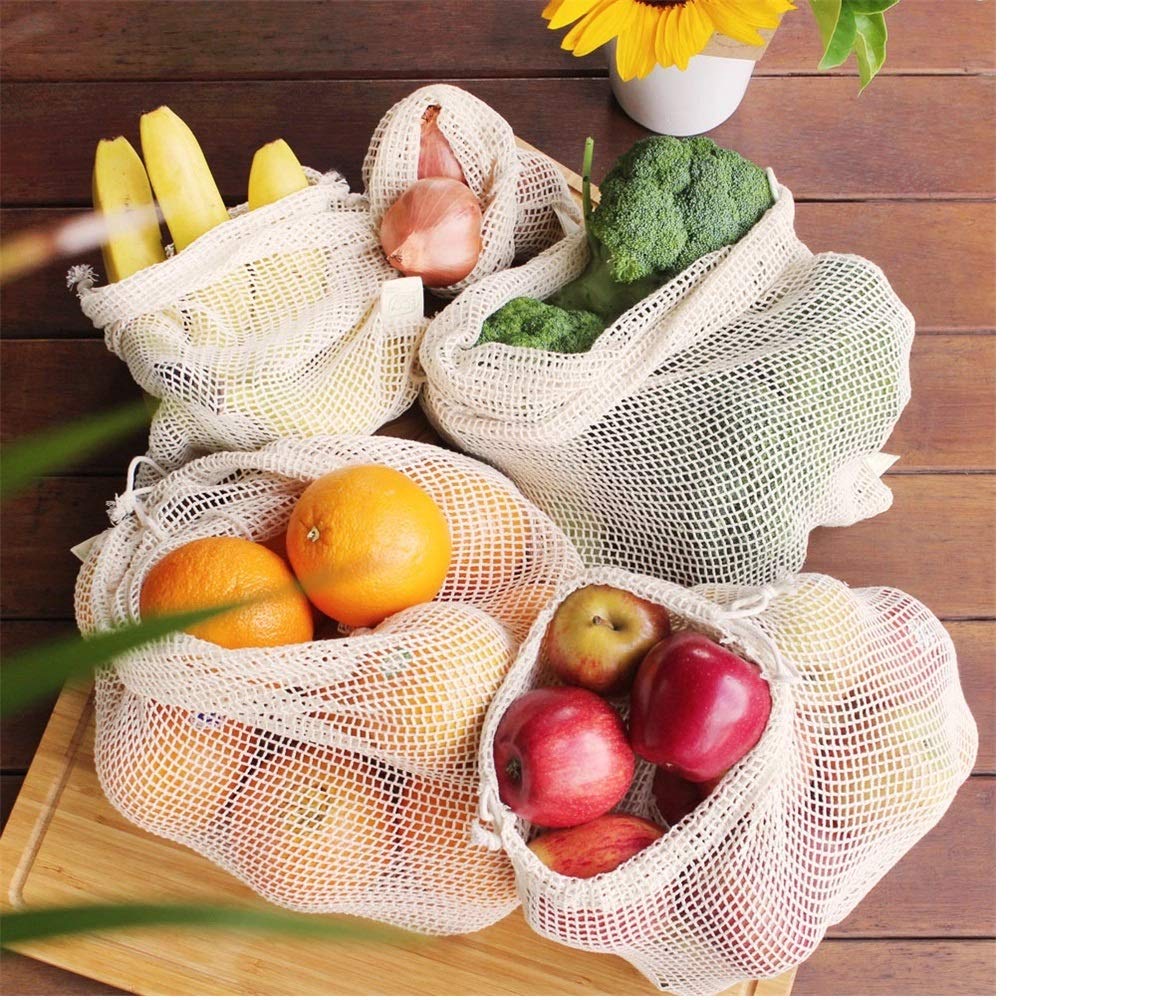 Eco-Friendly Cotton Mesh Bags - Reusable Washable Produce Bags for Fruits, Vegetables & Grocery Shopping - Sustainable Zero Waste Kitchen & Farmers Market Accessories