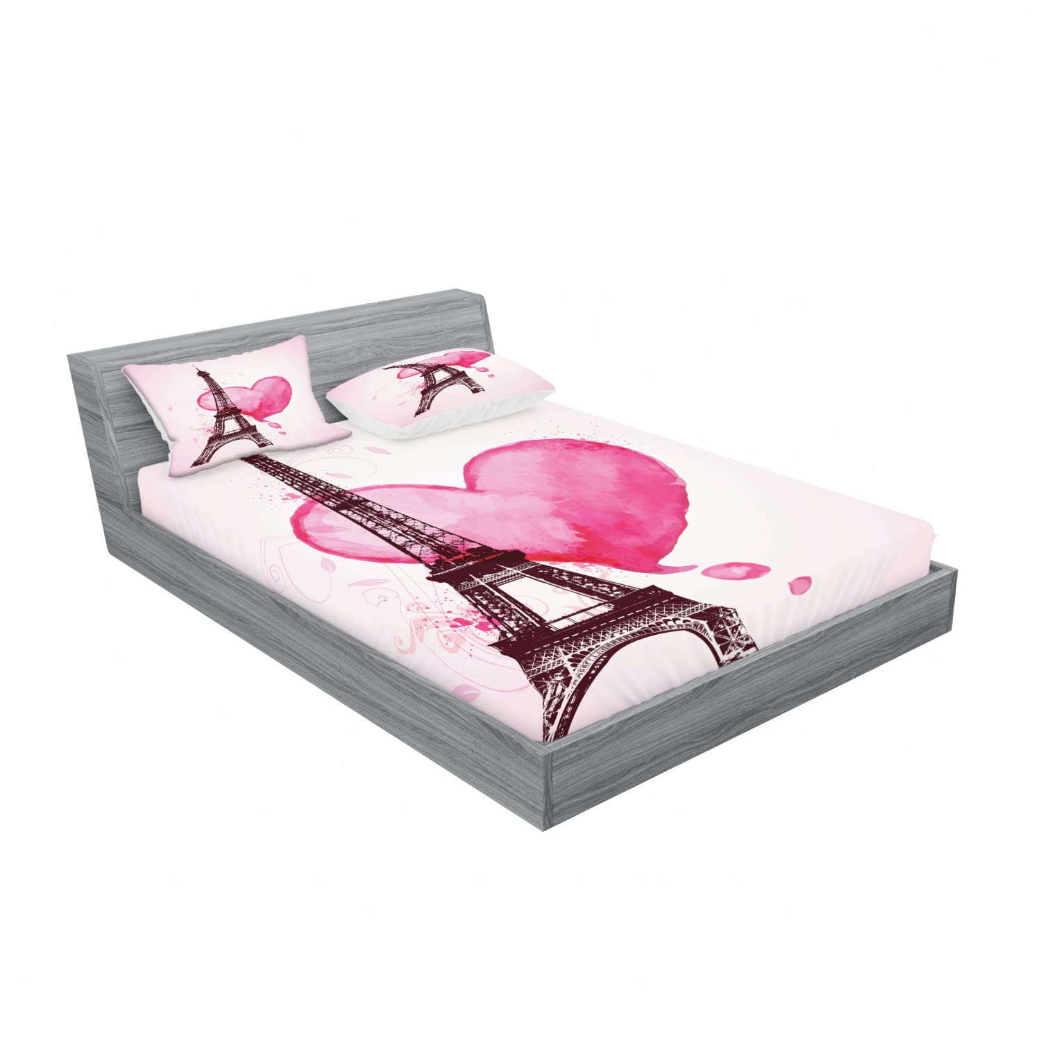 Ambesonne Parisian Romance 2-Pack Full Size Fitted Sheet Set with 4 Pillow Shams - Eiffel Tower Love Theme Bedding in Fuchsia & Brown | Perfect for Couples Bedrooms, Romantic Getaways & French-Themed Decor
