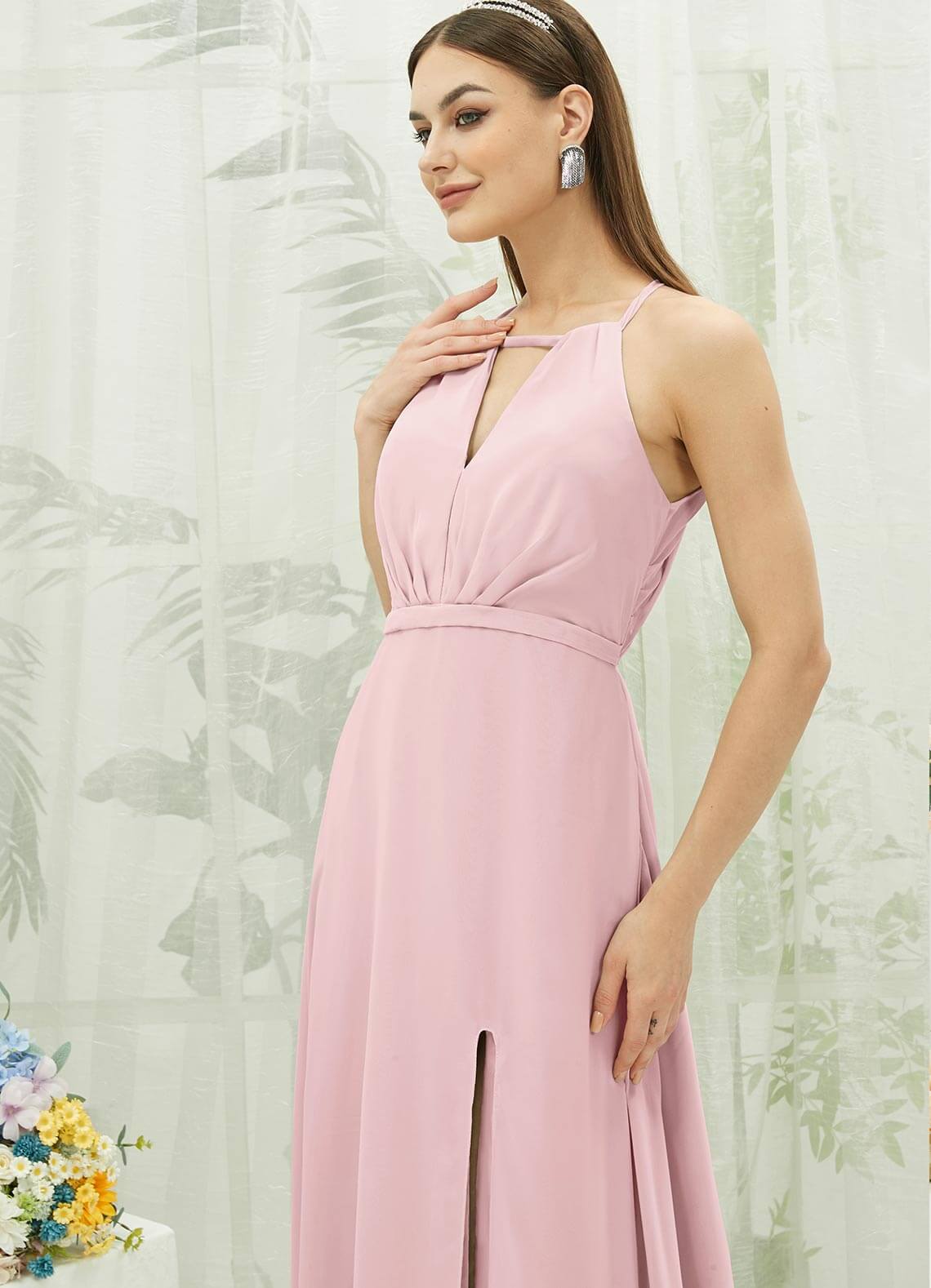 Elegant Blush Chiffon Halter V-Neck Backless Maxi Dress with High Slit - Perfect for Bridesmaids, Prom, Evening Gala & Formal Events