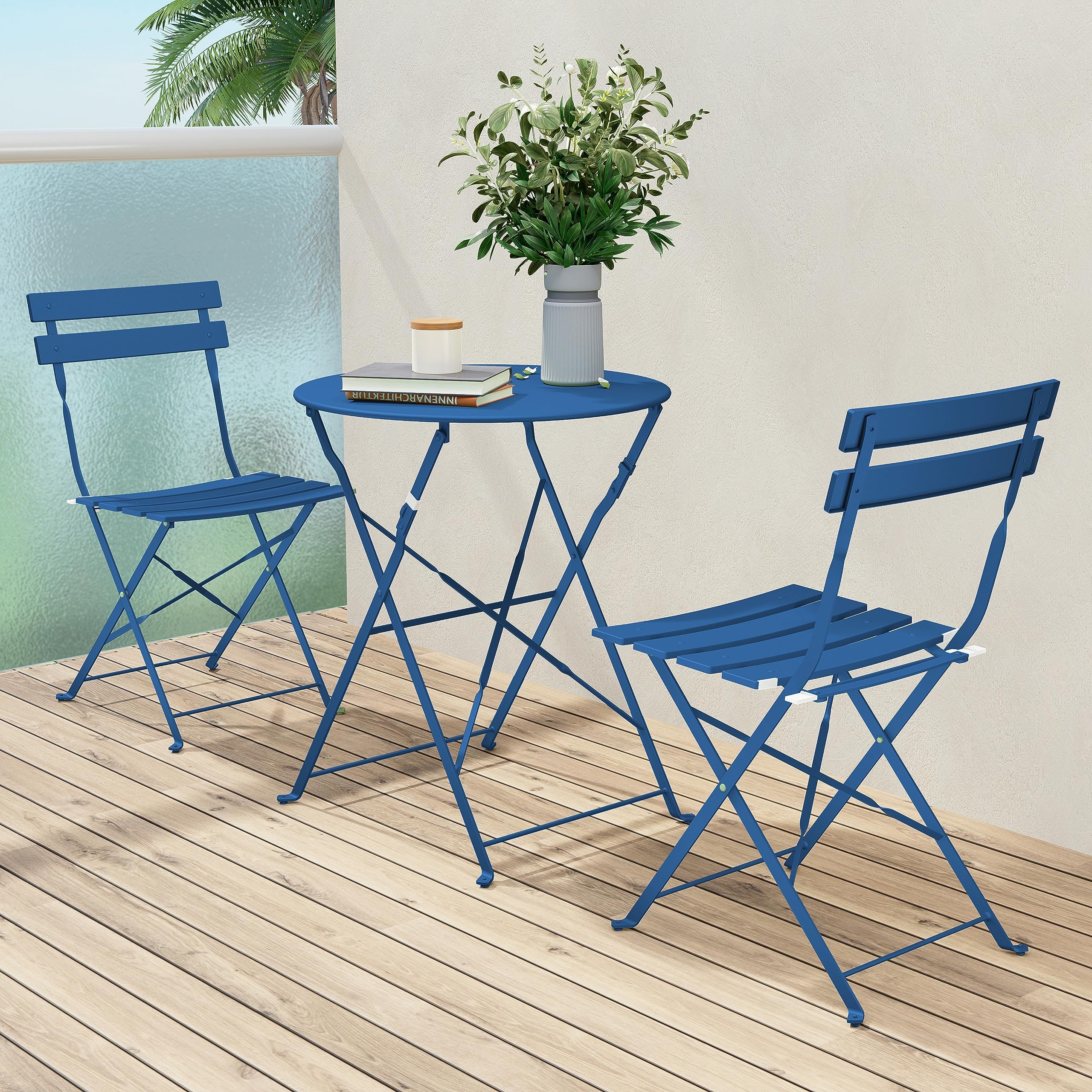 Premium Folding Outdoor Bistro Set - 3-Piece Patio Furniture with Table & Chairs, Peacock Blue - Perfect for Small Balconies, Gardens, and Backyard Relaxation