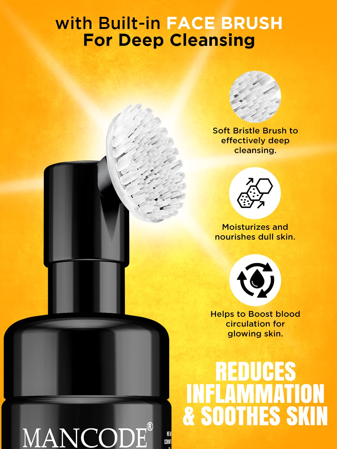 Mancode De-Tan Foaming Face Wash with Brush - Deep Cleansing for Men - Dark Spot & Tan Removal - 150ml - Perfect for Daily Skincare Routine