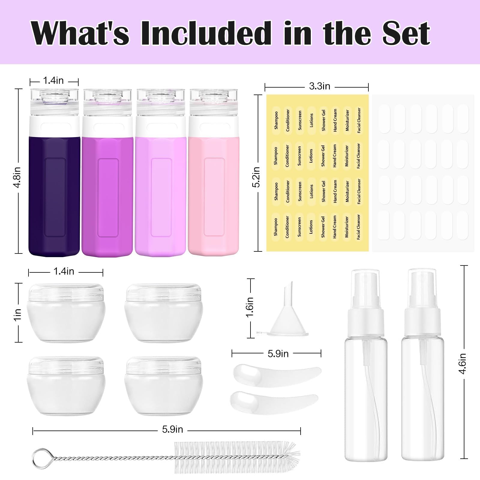 17PCS TSA Approved Travel Bottles for Toiletries - Leak Proof Silicone Containers Set for Shampoo, Conditioner, Lotion & Creams (Purple) | Perfect for Air Travel, Vacation & Gym Essentials