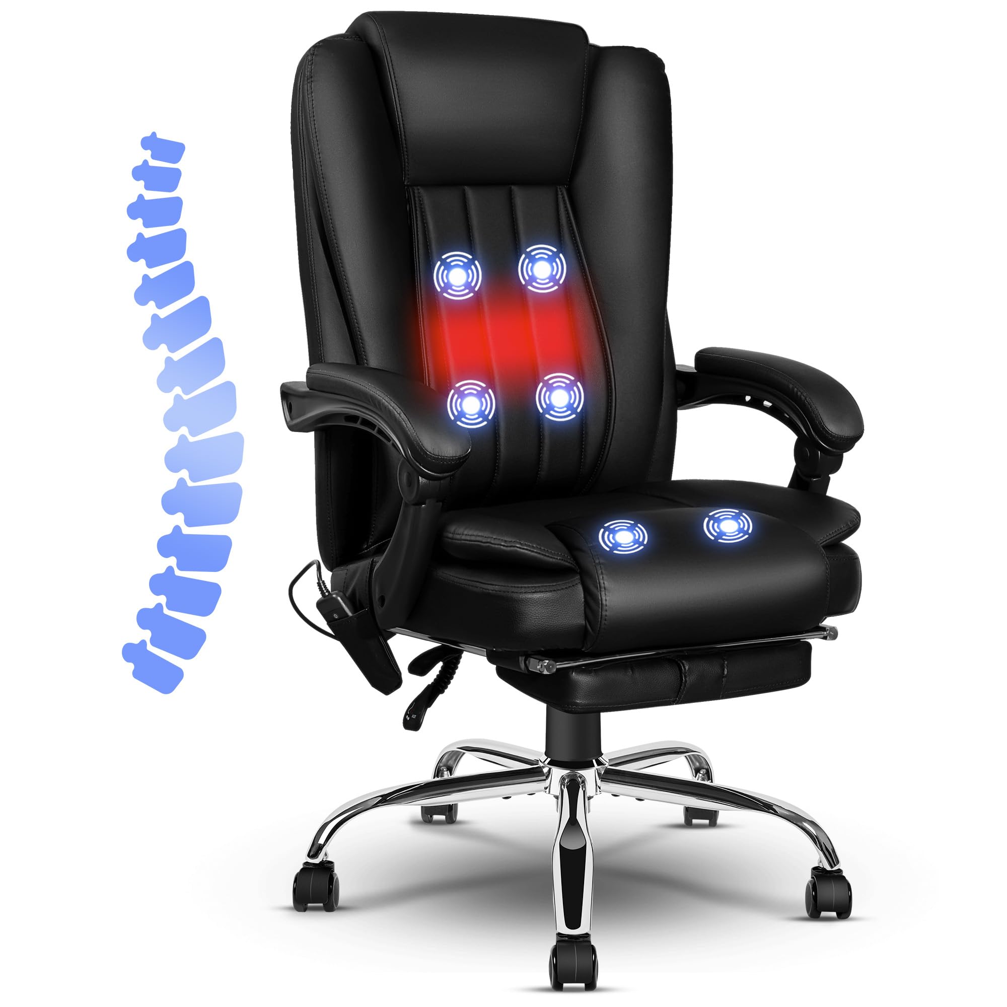 Premium 6-Point Massage & Heated Executive Office Chair - Big & Tall Ergonomic PU Leather Chair with Adjustable Height, Reclining Backrest & Footrest - Perfect for Home Office, Gaming & Workspaces