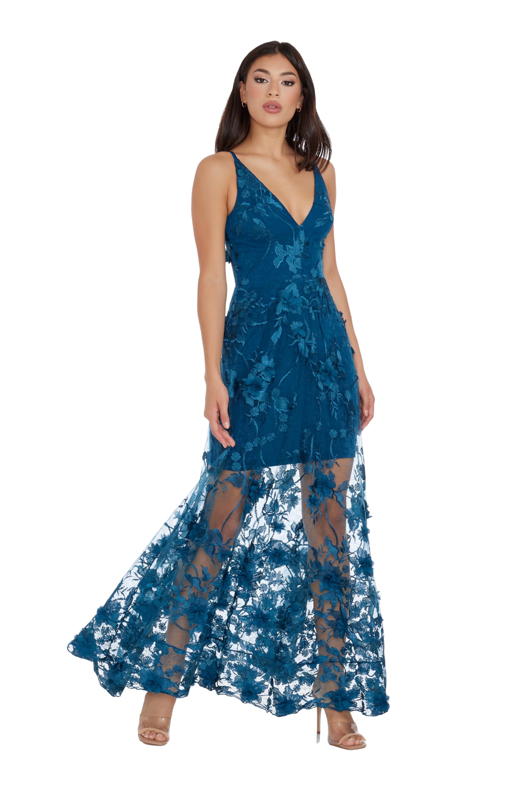 Dress the Population Women's Embellished Plunging Gown - Sleeveless Floral Long Formal Dress for Evening Gala, Wedding Guest & Prom