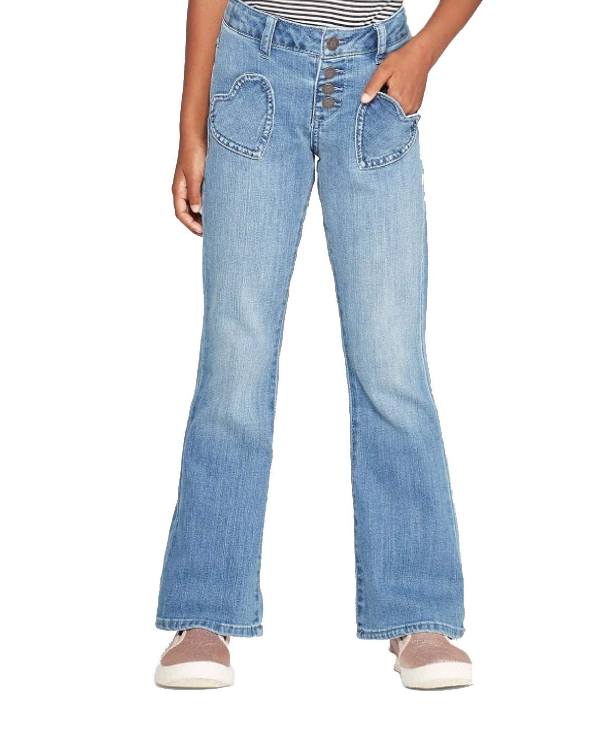 Cat & Jack Girls' Heart Pocket Super Stretch Flare Jeans - Light Wash Blue Denim Pants for Kids - Perfect for School, Playdates & Casual Outings