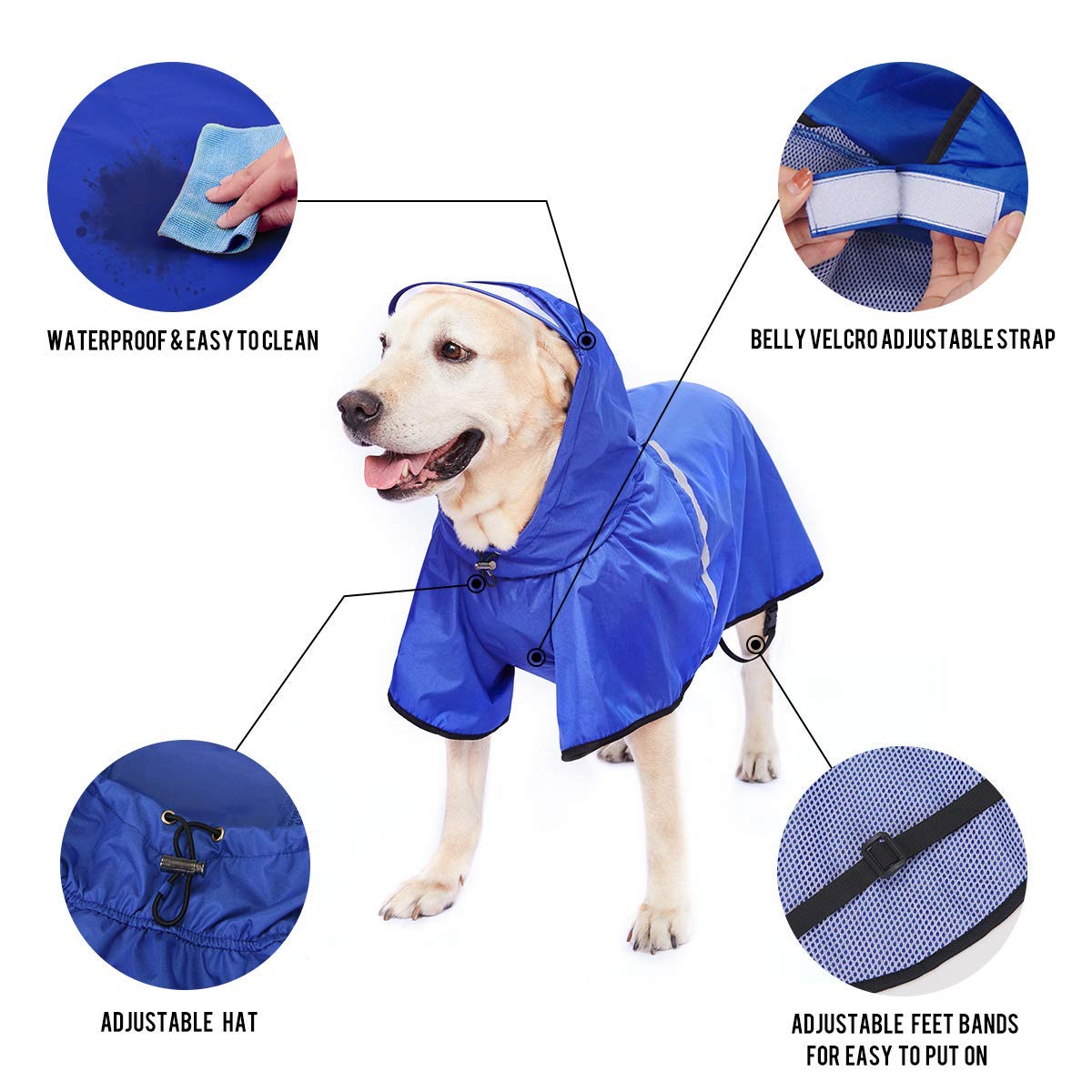 Waterproof Dog Raincoat for Large Dogs - Adjustable Belly Strap & Leash Hole - Reflective Strip Hoodie - Lightweight Breathable Rain Jacket for Outdoor Walks & Hiking
