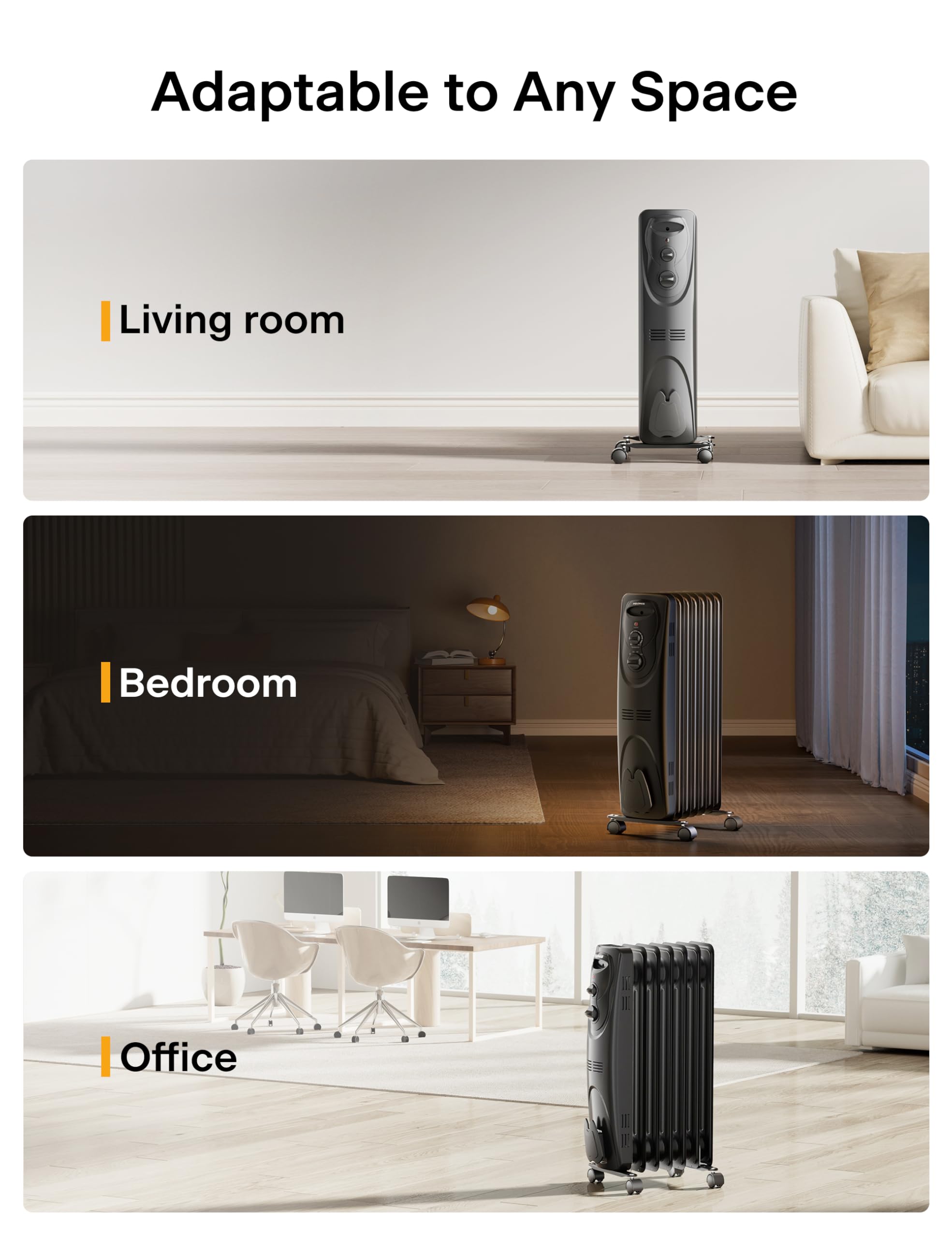 PELONIS PHO15A2AGB 1500W Electric Oil Filled Radiator Heater - Portable Space Heater for Home, Office, Bedroom - Black, 26.1