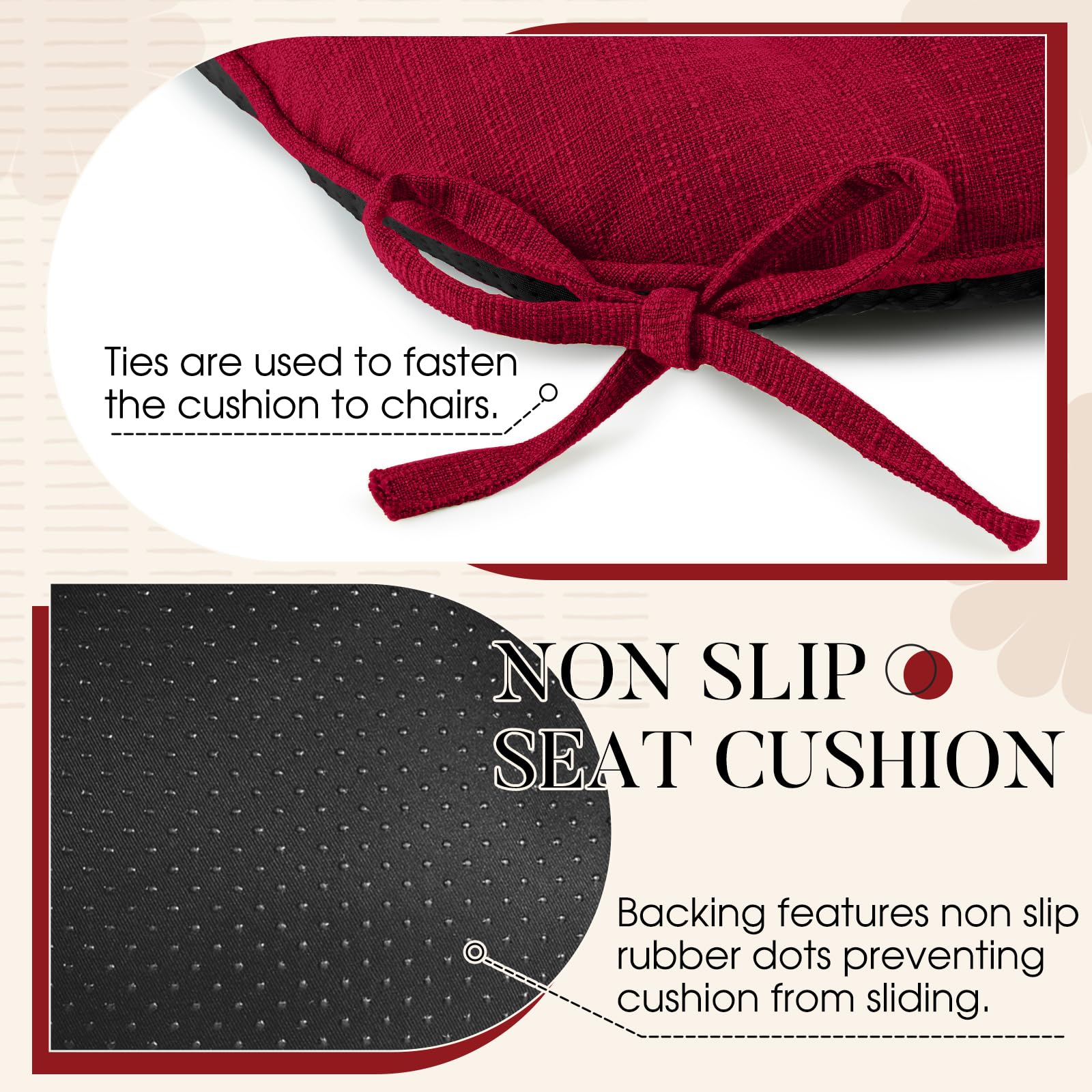 Premium Memory Foam Dining Chair Cushions 4-Pack - Non-Slip Backing & Secure Ties - 15.5