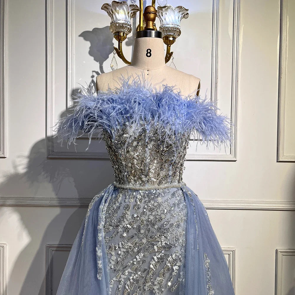 Serene Hill Blue Diamond Feather Mermaid Elegant Evening Dress with Overskirt - Women's Formal Gown for Wedding, Party & Special Occasions 2025 | LA72061