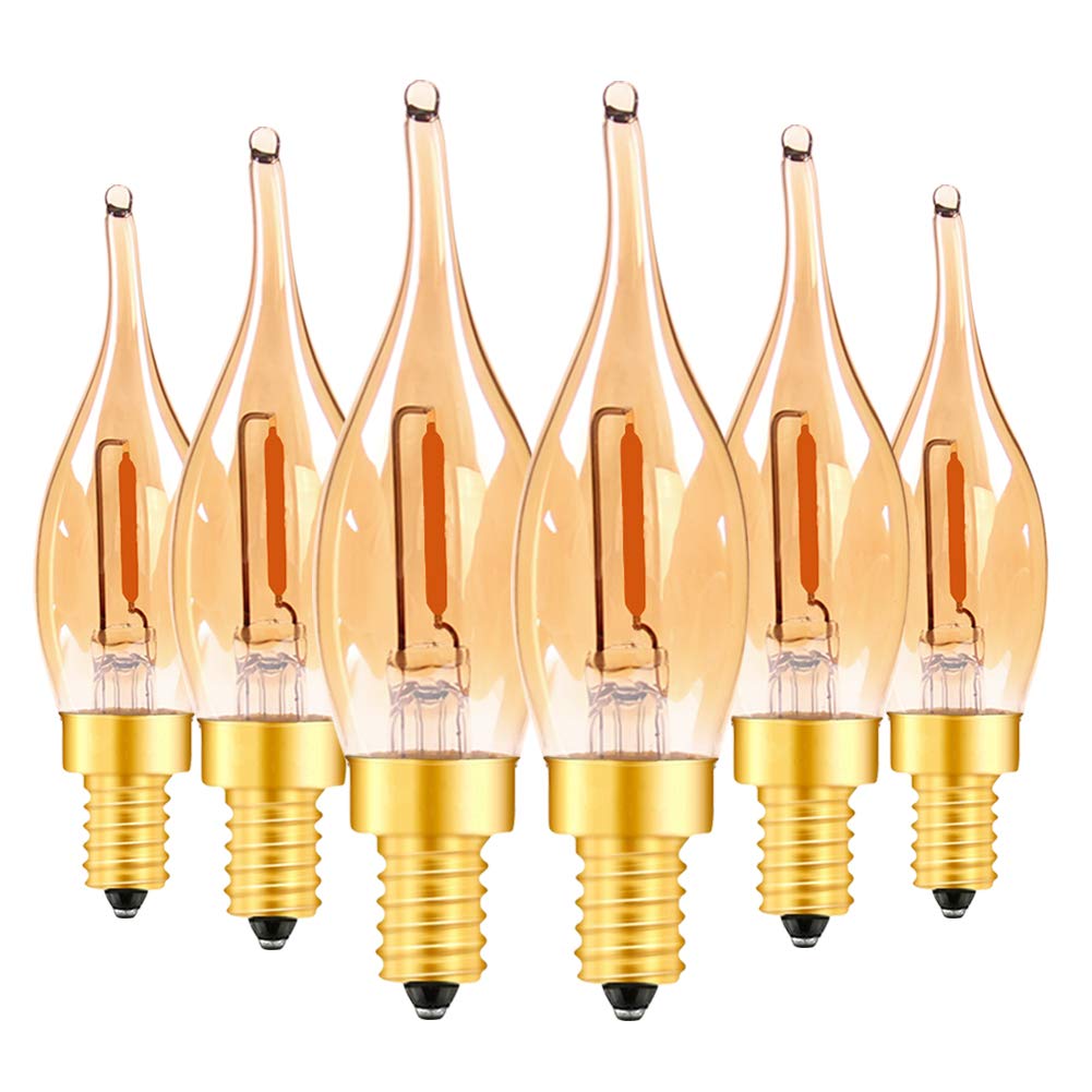 Vintage LED Candelabra Bulbs E12 Base - 7W Edison Flame Filament Light Bulbs, 2200K Warm Amber Glass, CRI 90+, Pack of 6 - Perfect for Chandeliers, Night Lights & Decorative Lighting in Restaurants, Bedrooms and Living Rooms