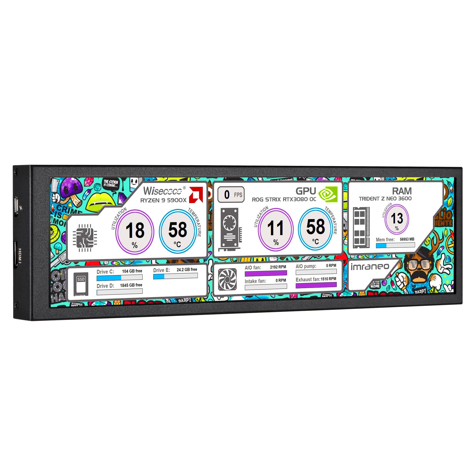 8.8 Inch Secondary Computer Monitor - FHD IPS 1920x480 LCD Display with Case for CPU/GPU Temperature Monitoring | Compatible with Windows & Aida64 | Perfect for PC Builds, Gaming Rigs, and Workstation Temperature Management