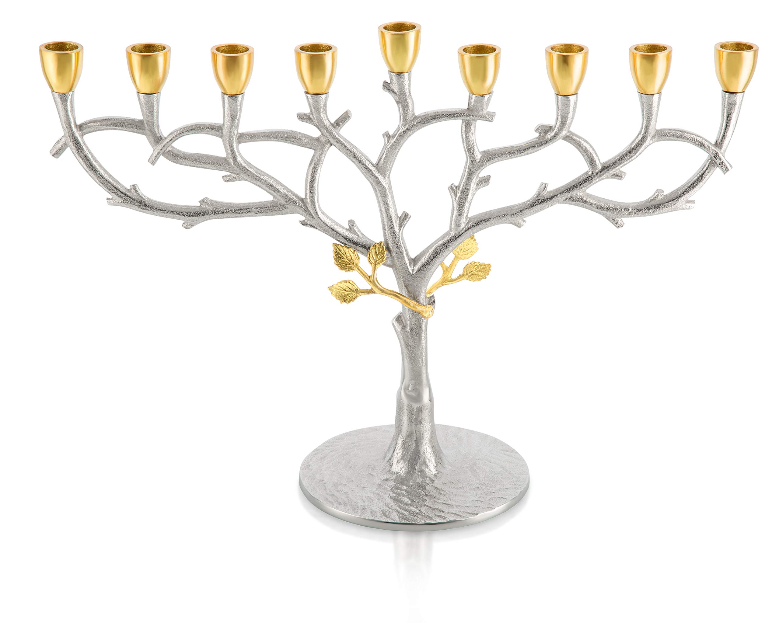 Two-Tone Silver and Gold Menorah with Elegant Leaf Design Oil Cups - Perfect Hanukkah Candle Holder for Jewish Holiday Celebrations and Home Decor