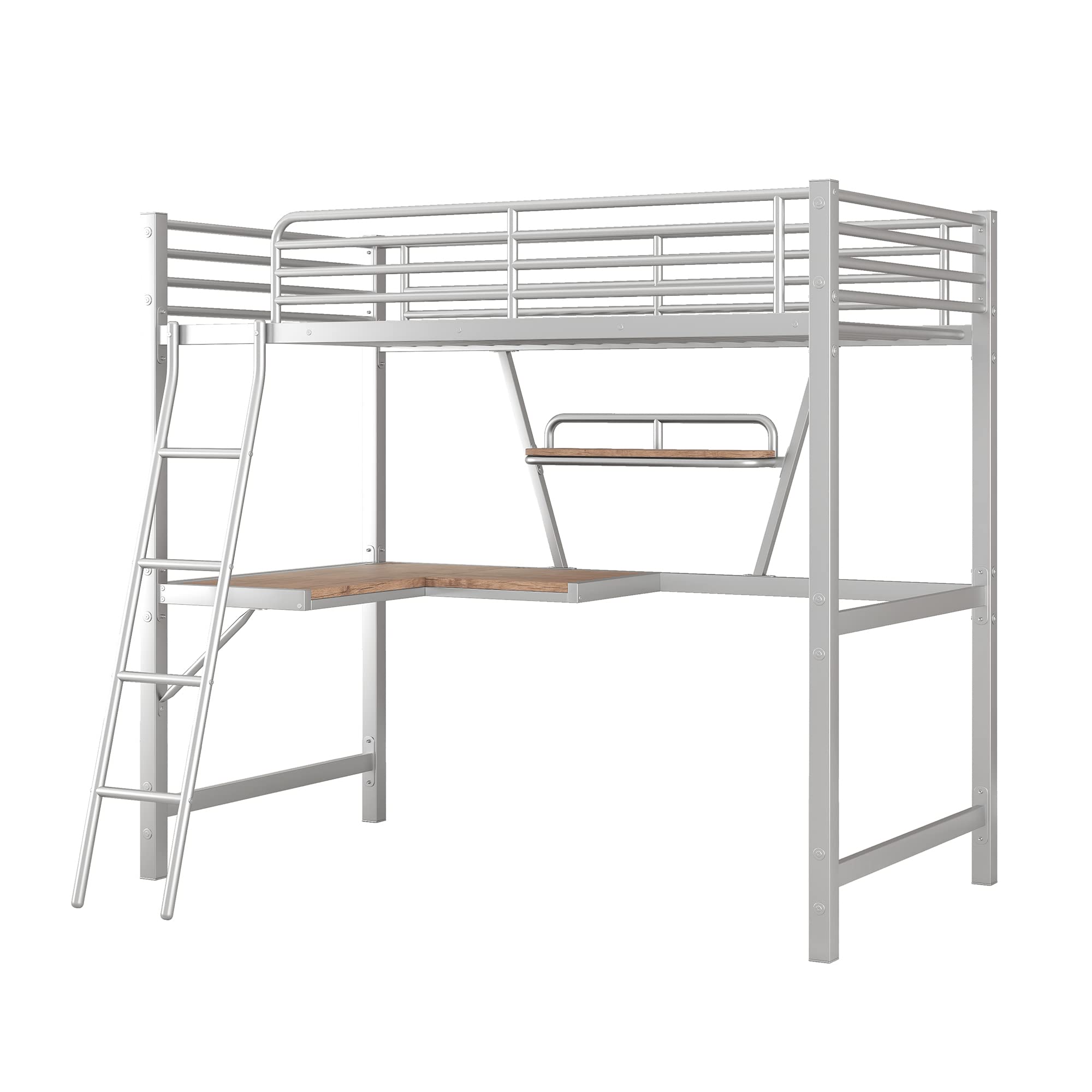 **Heavy Duty Twin Metal Loft Bed with Desk, Shelves & 2 Ladders – High Safety Guard Rails for Kids, Teens & Adults – Modern Silver Loft Bed for Small Spaces, Dorm Rooms & Apartments**