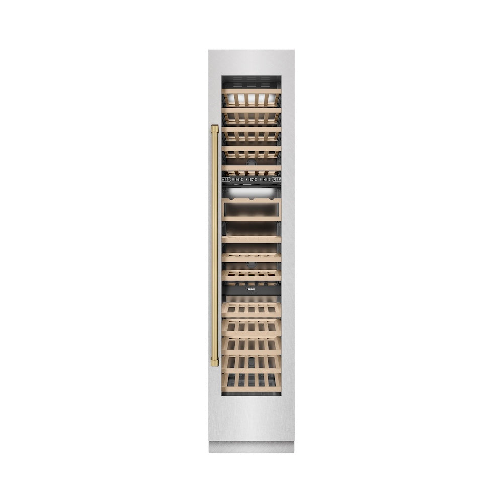 ZLINE Autograph Edition 18 Inch 9.0 cu ft Triple Zone 68 Bottle Right Hinge Column Wine Cooler - Satin Stainless Steel with Champagne Bronze Accents (RCWVRZ SN 18 CB) | Perfect for Wine Cellars, Restaurants, and Home Bars