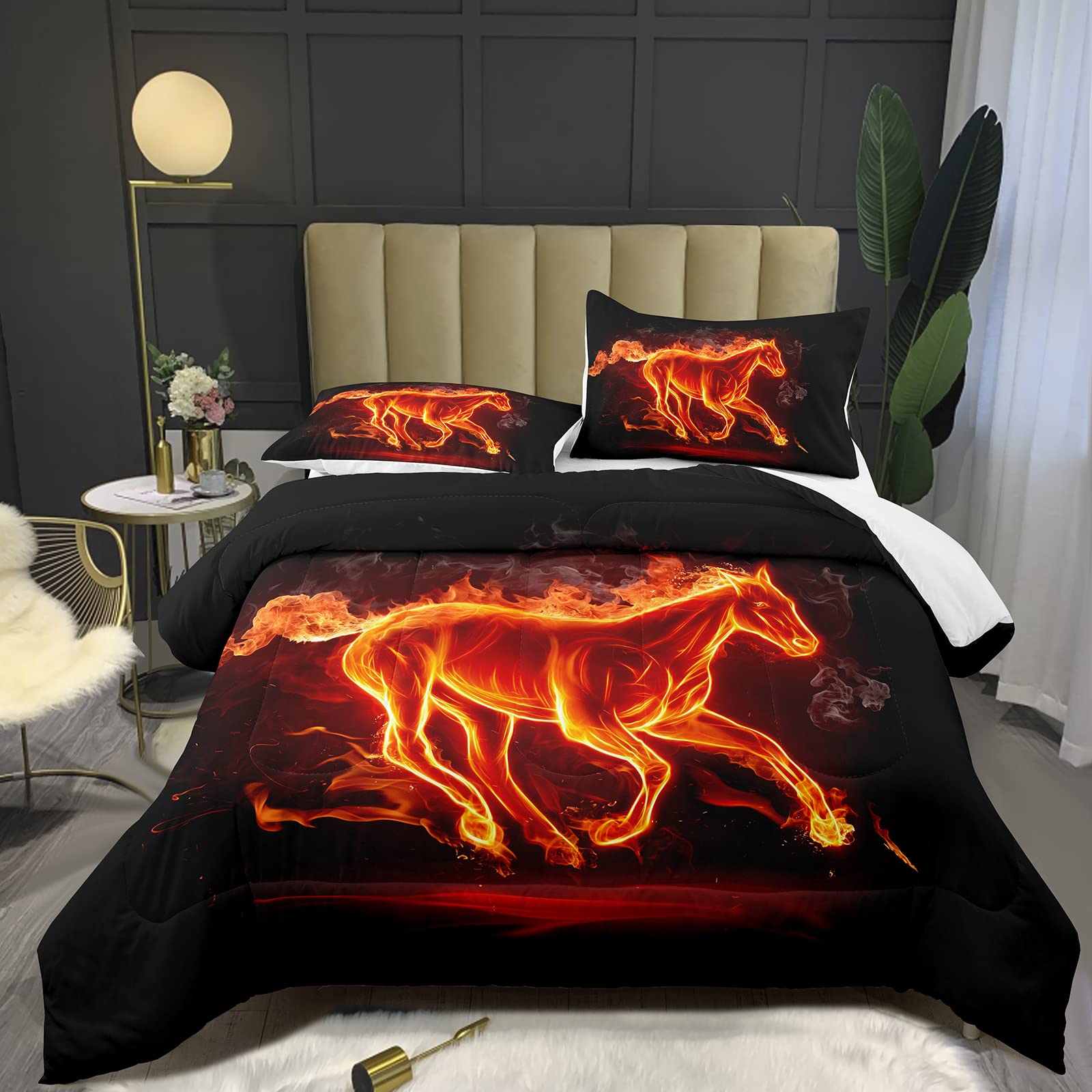 **3D Printed Horse Comforter Set Queen Size - Flaming Fire Running Steed Black Bedding for Kids & Teens, 1 Comforter + 1 Pillowcase - Perfect for Bedroom Decor, Themed Parties & Cozy Sleep**