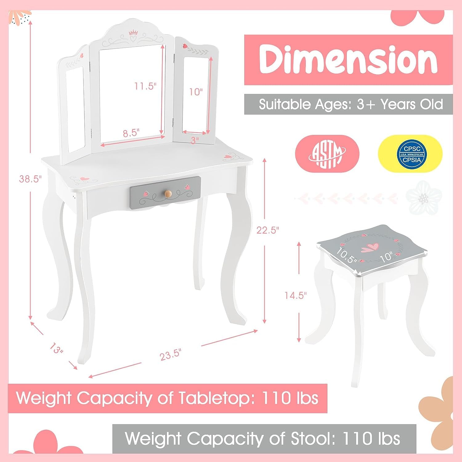 Honey Joy Kids Vanity Set with Mirror & Stool - Wooden Makeup Table for Toddlers - Pretend Play Dressing Toys for Little Girls (White) - Perfect for Birthday Gifts & Role Play