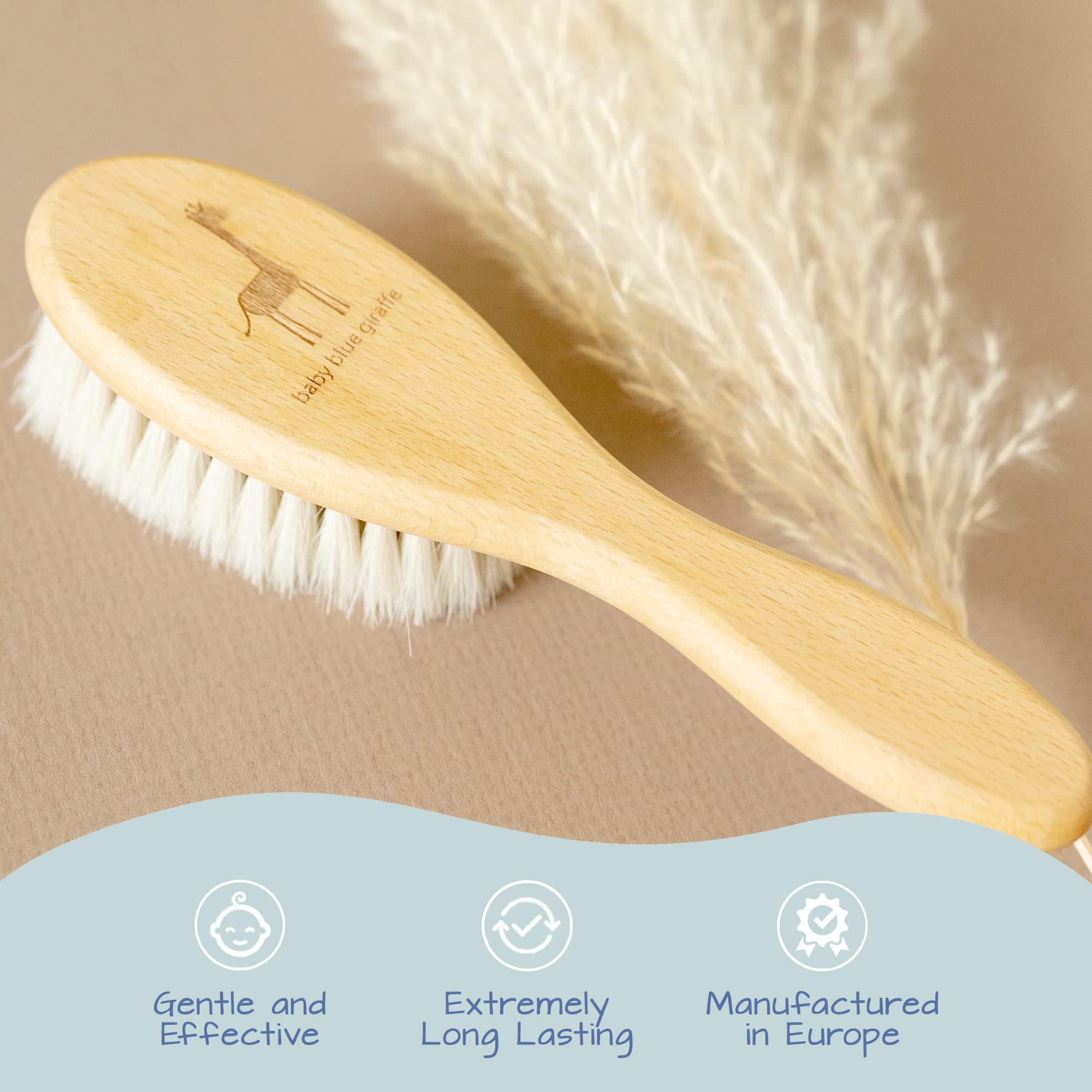 Super Soft Baby Hair Brush with Natural Goat Hair & Beech Wood - Gentle Newborn Grooming Kit, Essential Baby Shower Gift (Baby Blue Giraffe) - Perfect for Daily Hair Care & Sensitive Scalps