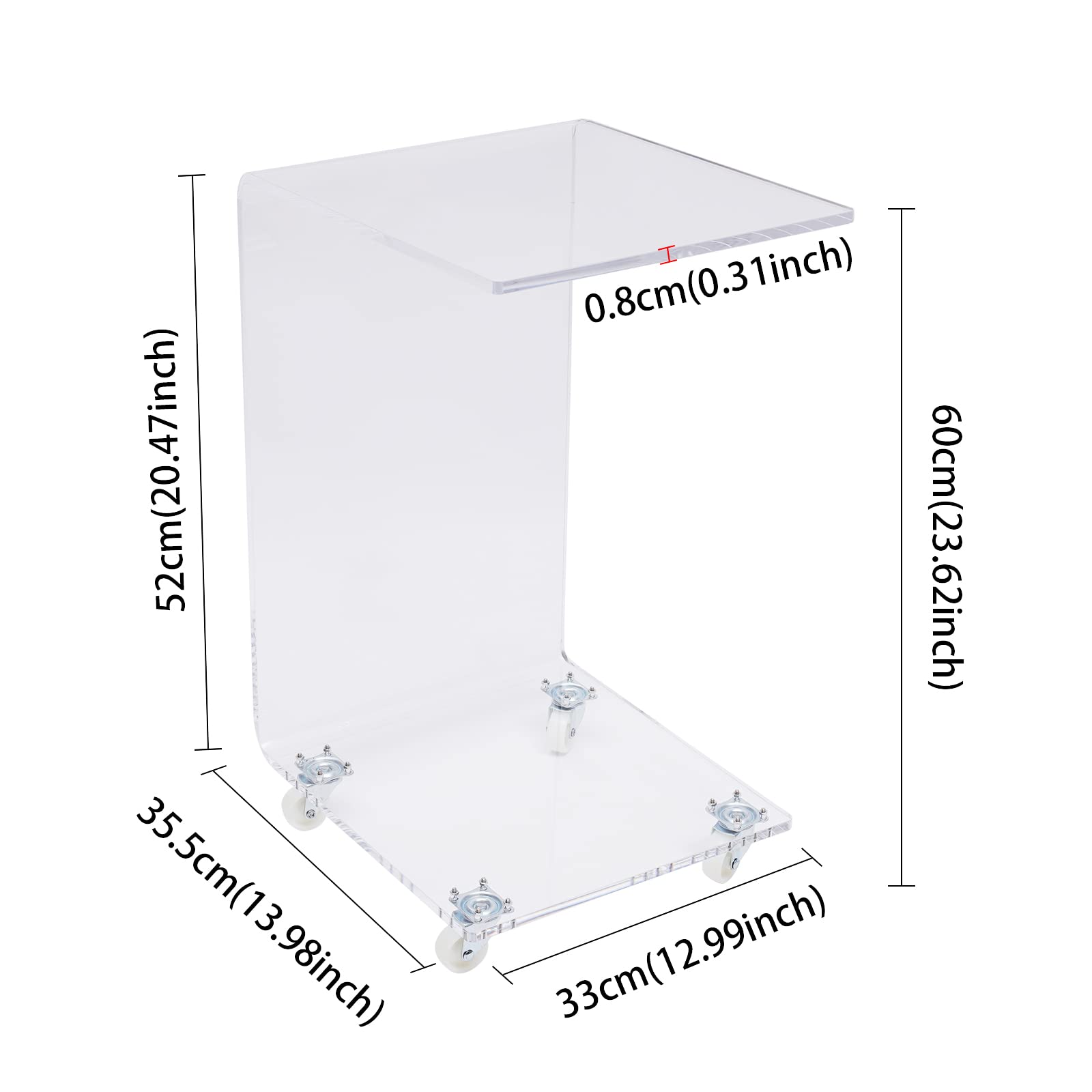 Acrylic C-Shaped End Table with Wheels - Modern Side Table for Sofa, Bed, or Office - Portable Snack Table, Coffee Tray Desk & Laptop Holder - Perfect for Living Room, Bedroom, or Small Space Workstation