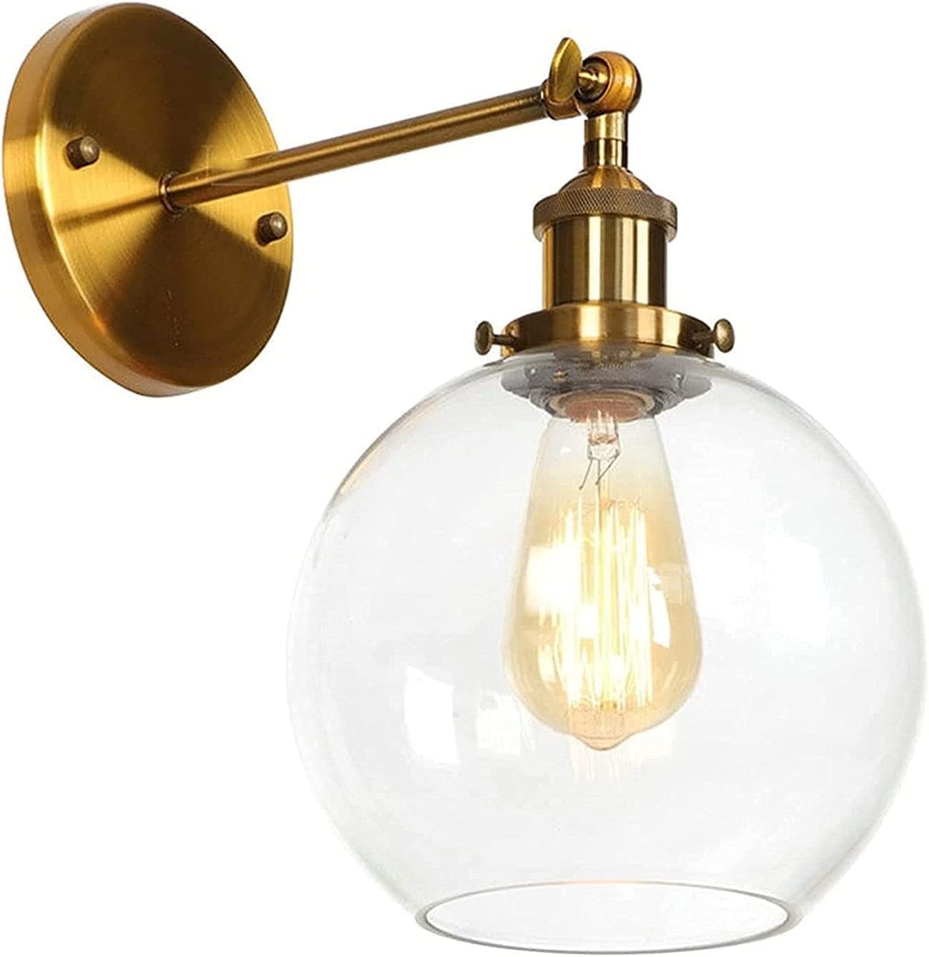 Vintage Gold Bronze Wall Sconce Lighting Fixture - Industrial Style Adjustable Wall Lamp with Transparent Glass Shade for Bedroom, Living Room, Cafe & Restaurant Decor | Perfect for Ambient Lighting and Space-Saving Illumination